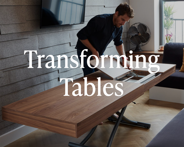 Sleek walnut transforming table in mid-conversion, demonstrating multifunctionality and Italian craftsmanship from Resource Furniture.