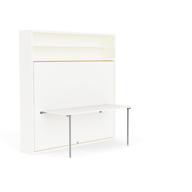 Adam Tavolo Queen Murphy bed with desk shown open in a white finish against a white background — minimal, modern space saving furniture with overhead shelving.