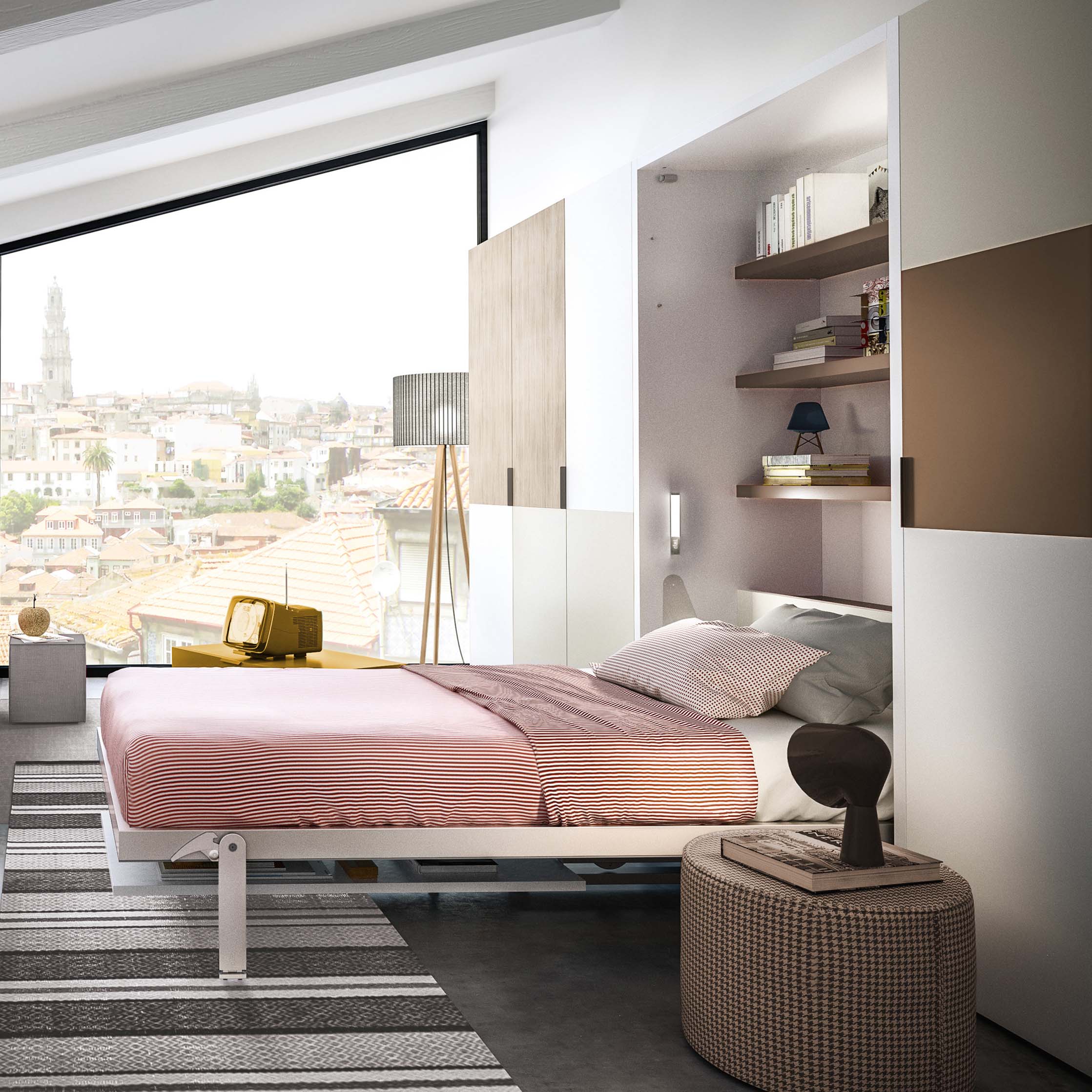 Altea Book murphy bed in open position featuring built-in bookshelves and reading lights, transforming a compact wall unit into a cozy sleeping space with integrated storage.