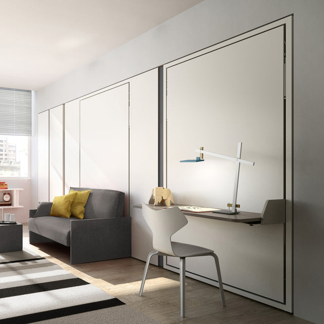 Altea Desk Murphy bed closed with built-in folding desk and modern workspace setup in compact room.