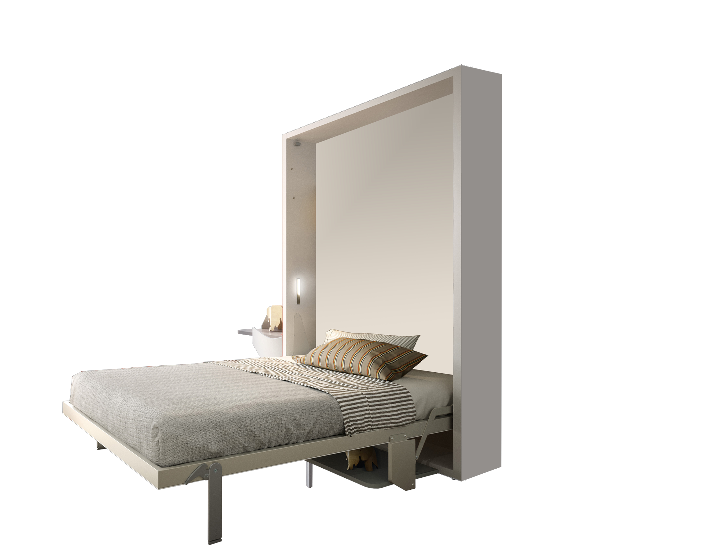 Altea Desk Murphy bed fully extended with bedding, shown isolated on white background.