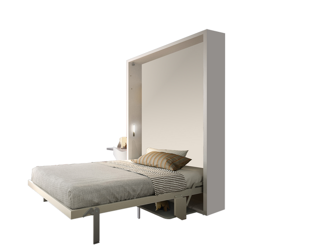 Altea Desk Murphy bed fully extended with bedding, shown isolated on white background.