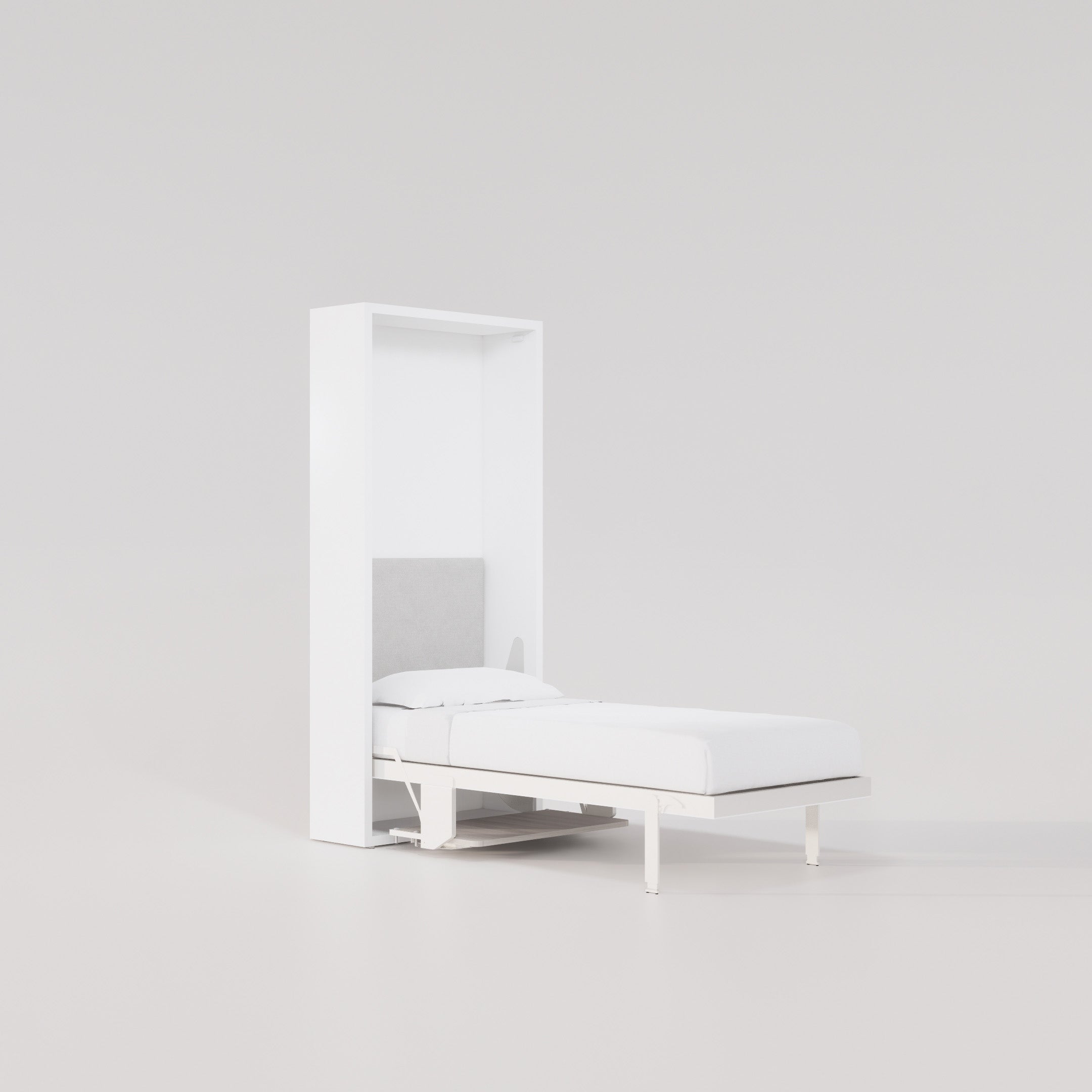 Altea Desk Murphy bed fully open with twin mattress, headboard, and minimalist white design.
