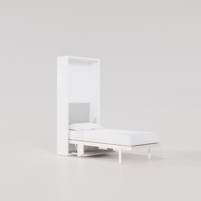 Altea Desk Murphy bed fully open with twin mattress, headboard, and minimalist white design.