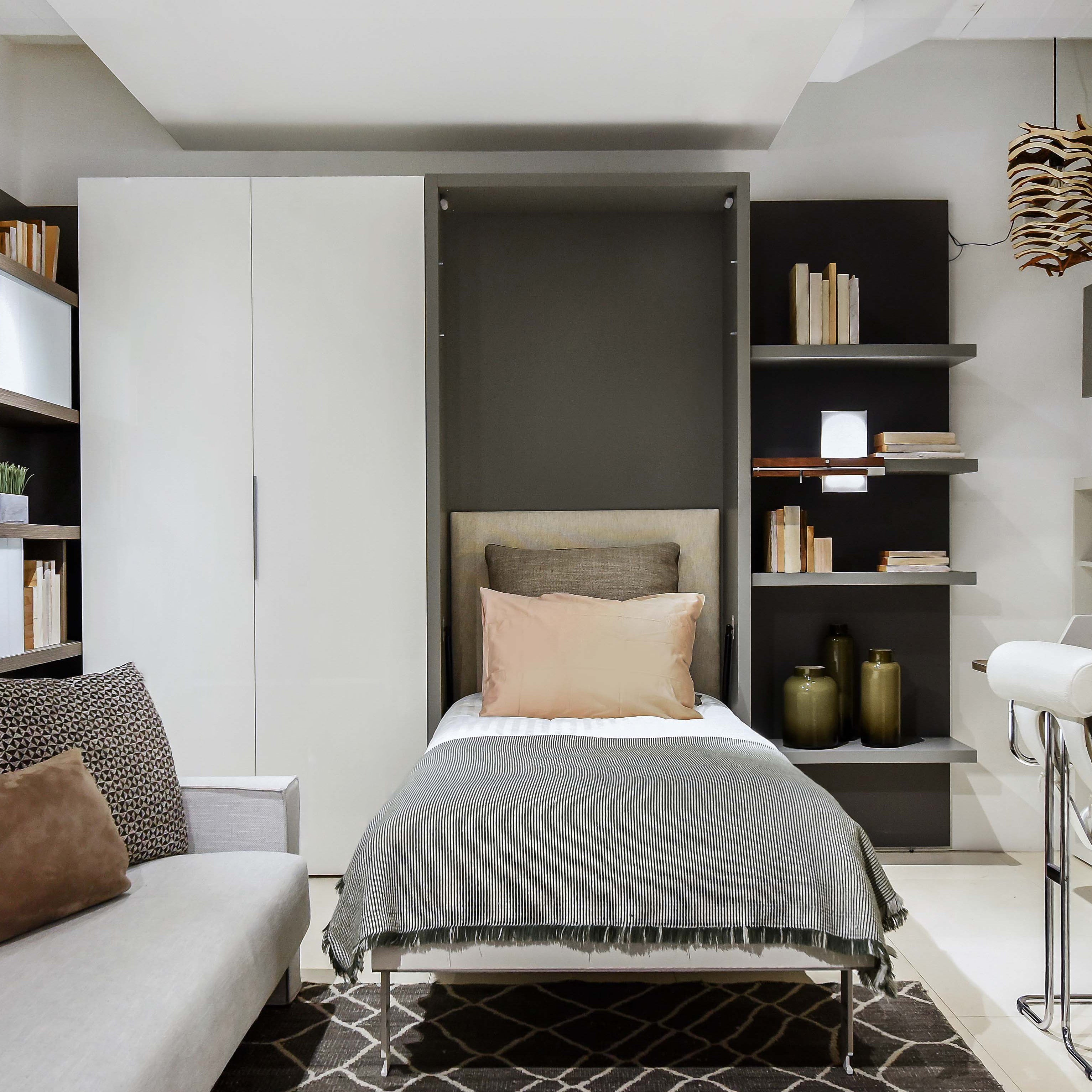 Altea Twin Murphy Bed in open position with modern bedding, ideal for small space furniture solutions.