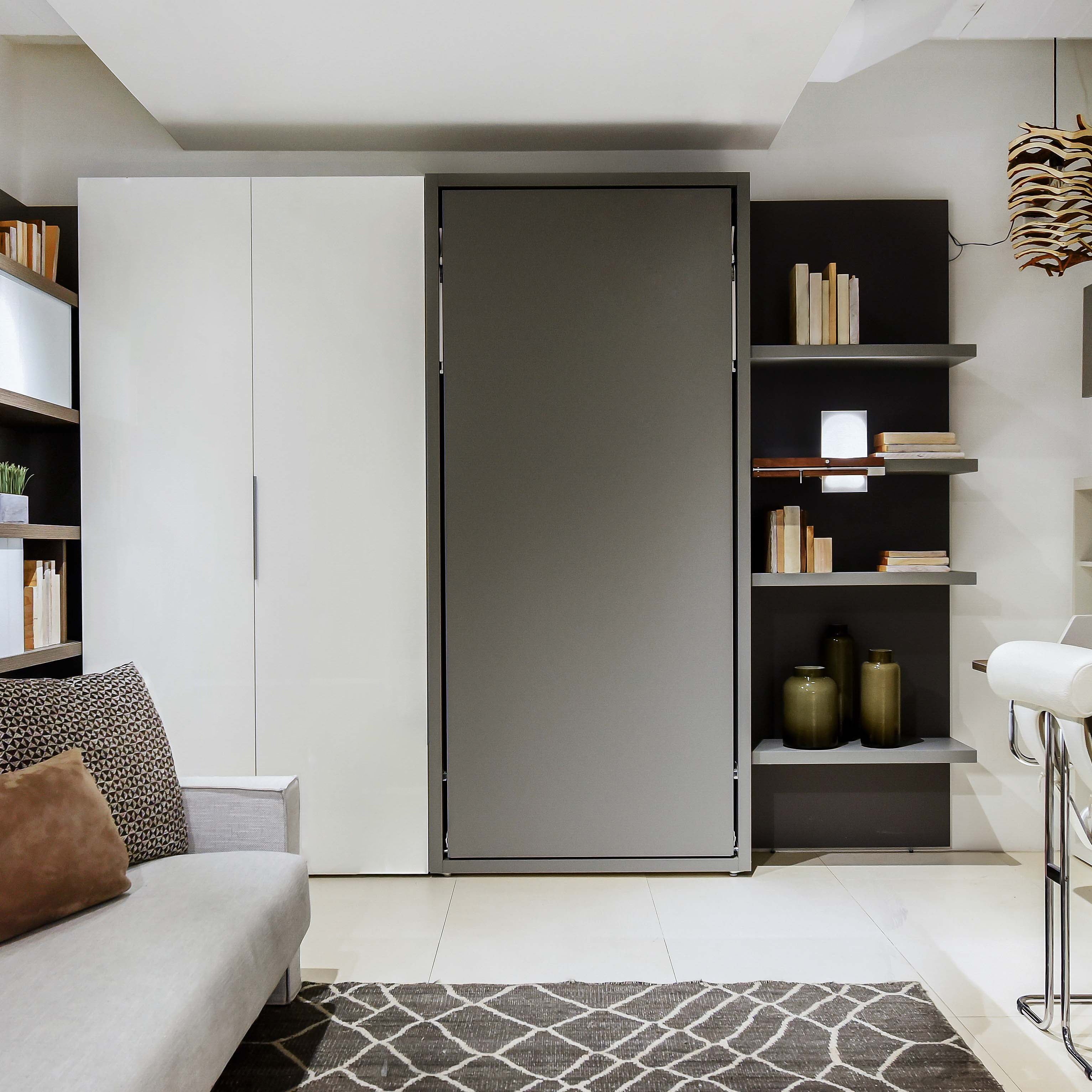 Altea Twin Murphy bed in vertical closed position with modern shelving and storage, ideal space saving furniture for compact living areas.