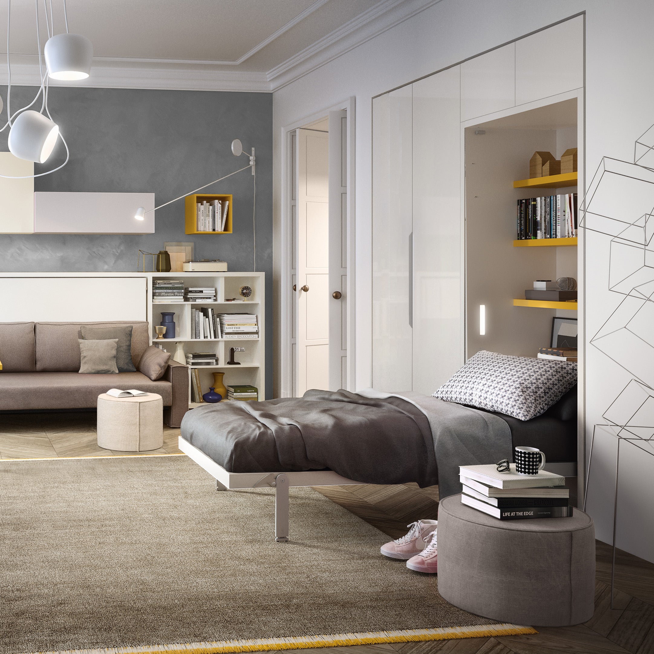 Open Altea Twin Murphy Bed showing a cozy twin mattress and built-in yellow shelving – ideal multifunctional furniture for small spaces.