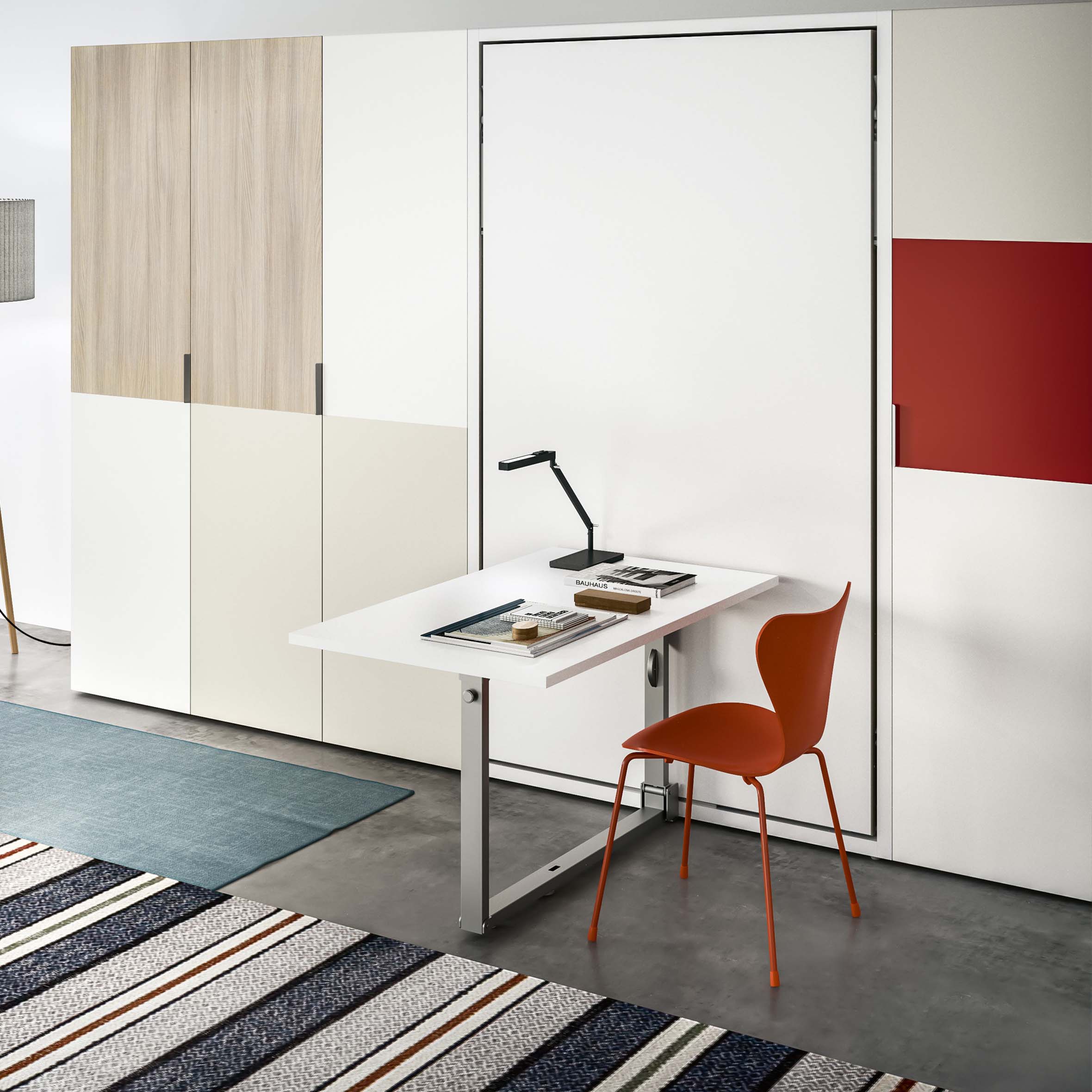 Altea Work wall bed with integrated desk in a modern home office, featuring a clean white finish, red accent panel, and sleek multifunctional design for small spaces.