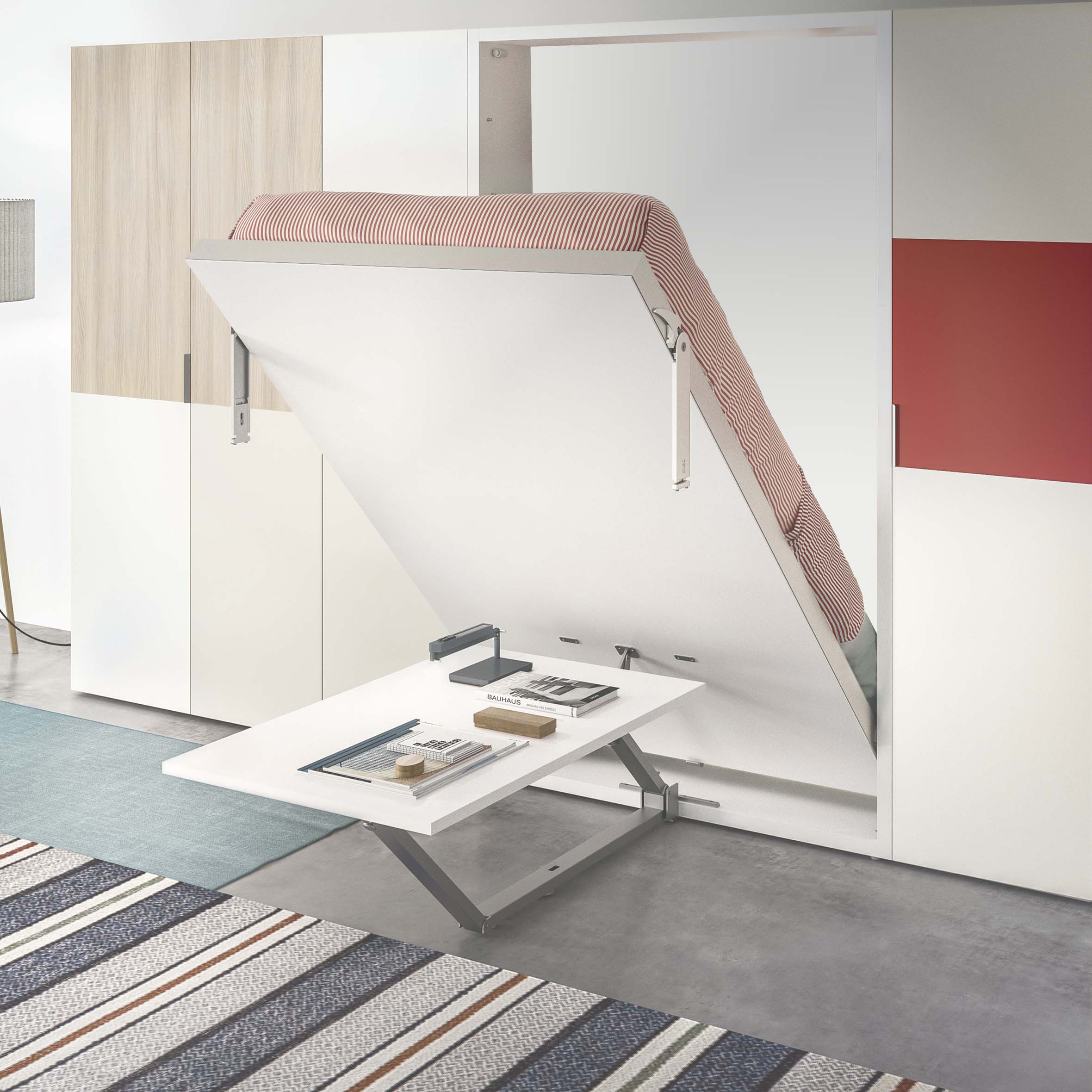 Altea Work wall bed lifting over a stationary desk, showcasing the innovative design that allows uninterrupted use of the desk even as the bed transitions.