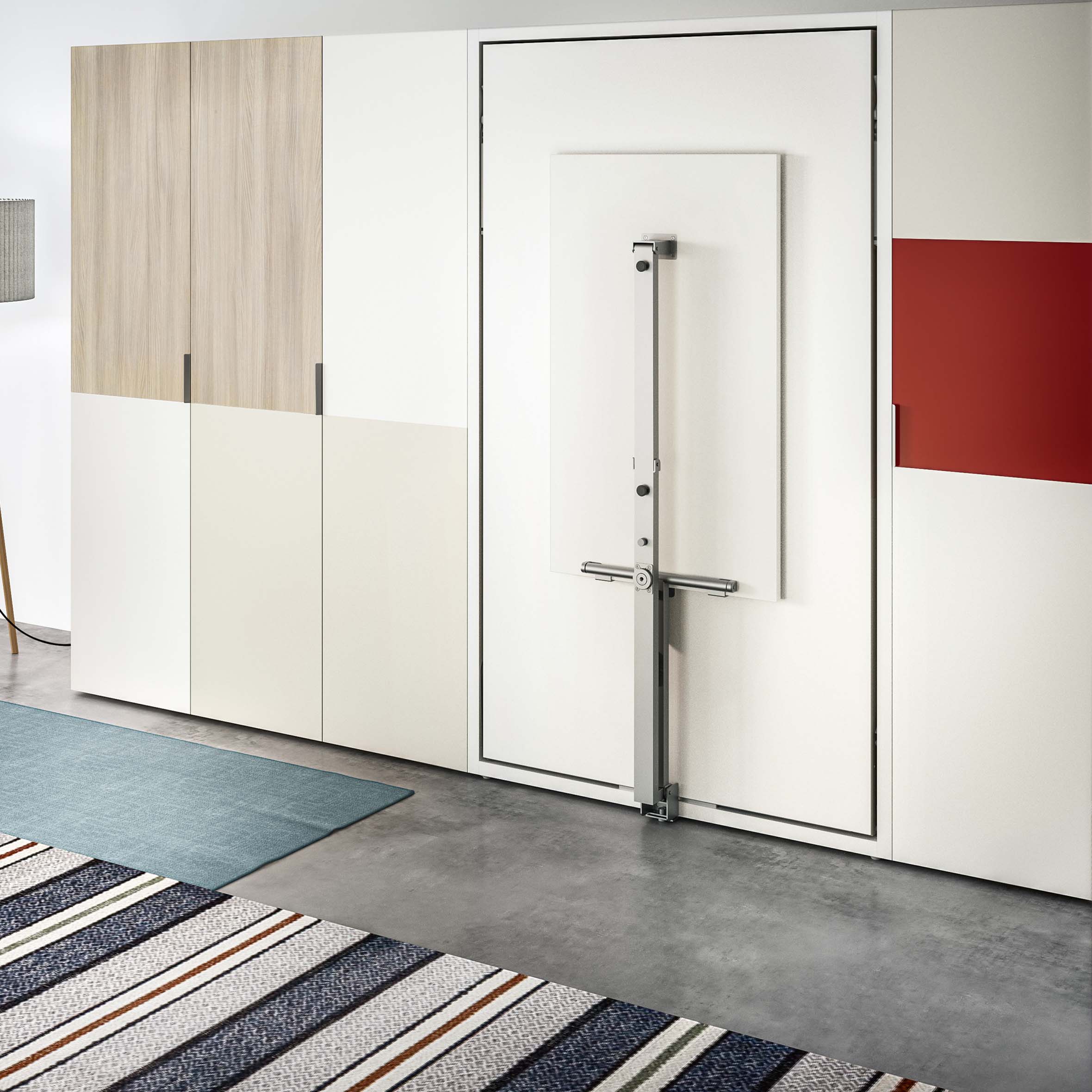 Rear view of the Altea Work wall bed in closed position, highlighting the vertical folding mechanism and modern cabinetry.