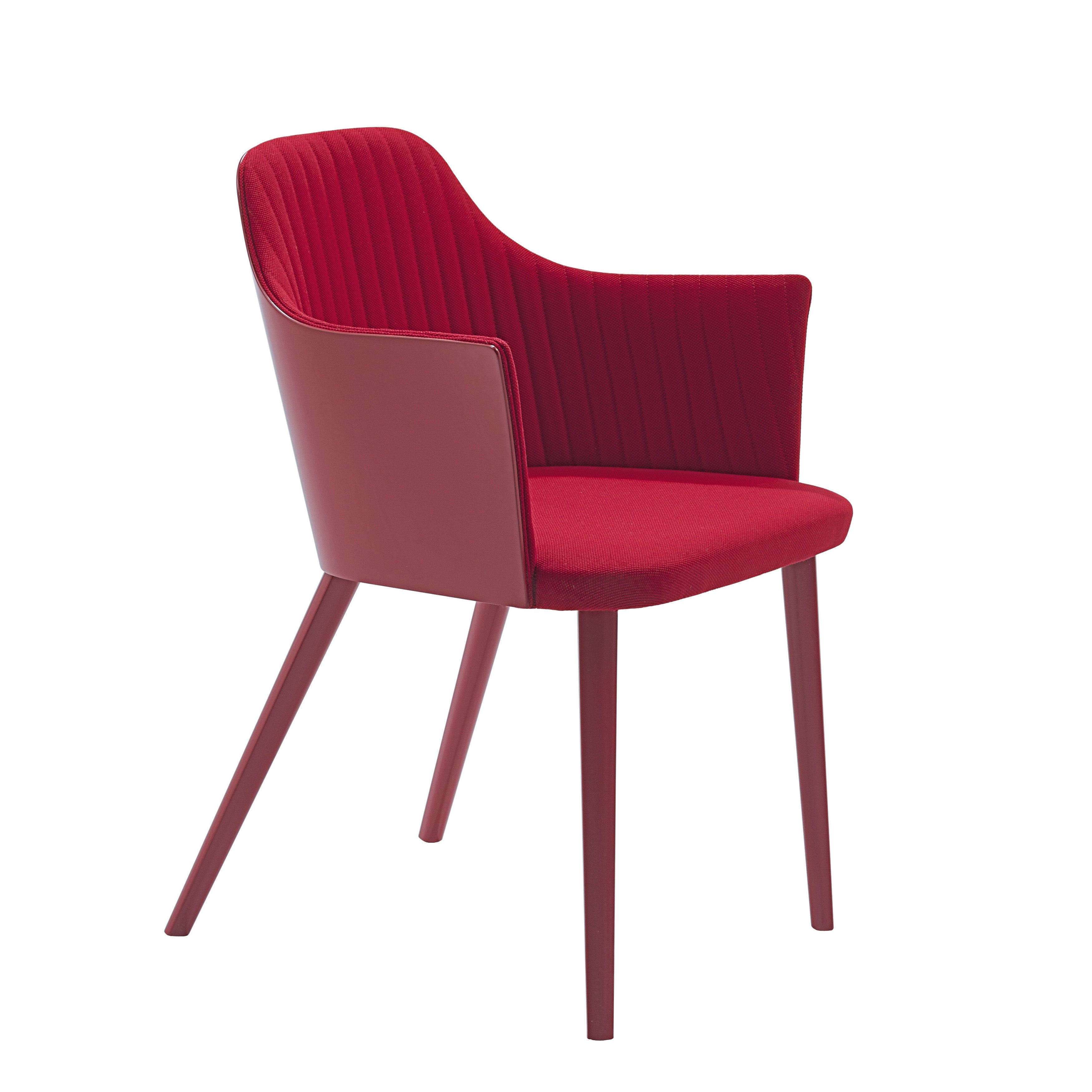 Side angle of the Break Dining Armchair in red fabric with integrated armrests, vertical quilting, and matching red lacquered legs.