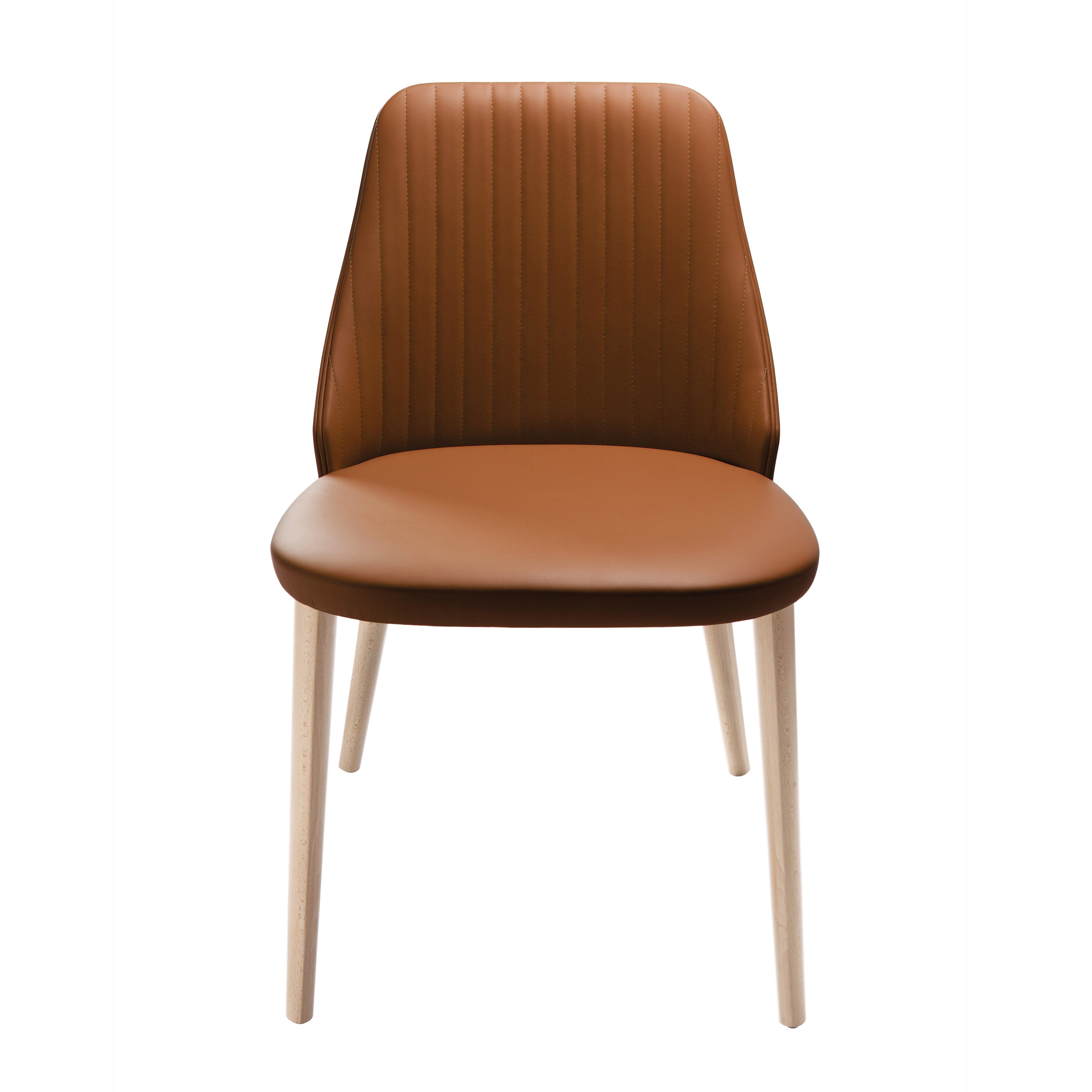Front view of the Break Dining Chair in caramel leather with vertical channel tufting and light wood legs, set against a white background.
