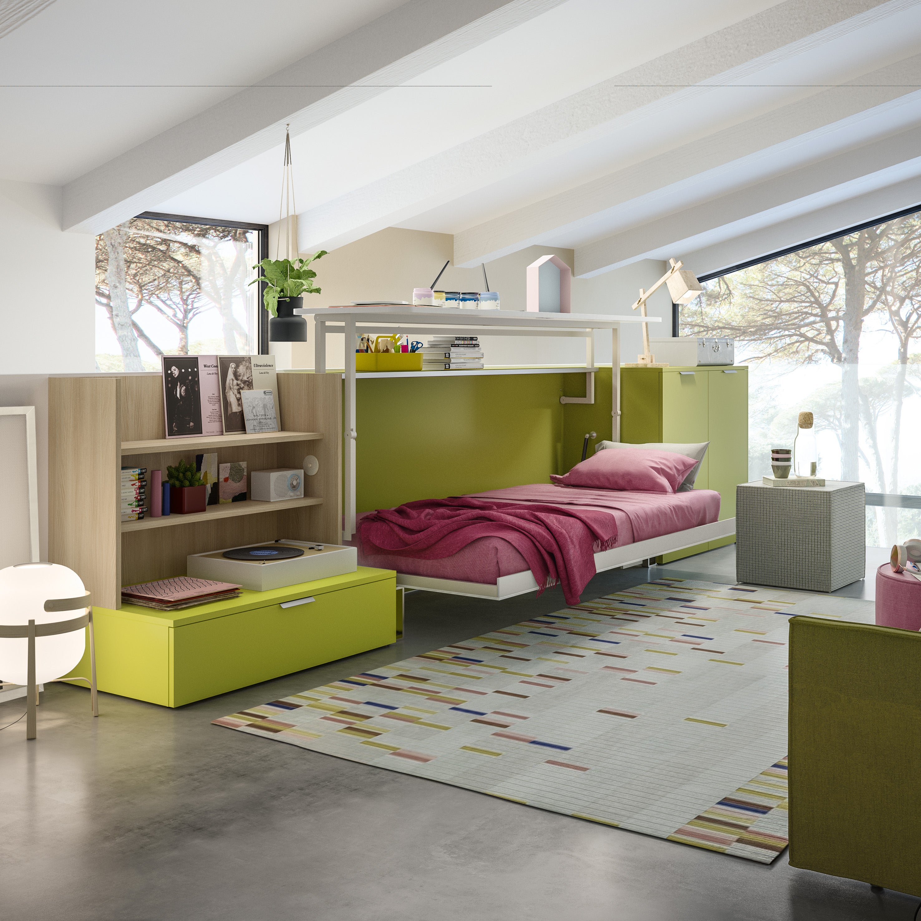 Cabrio Murphy bed open with bedding and built-in desk lifted above, featuring a surrounding bookshelf unit in compact room.