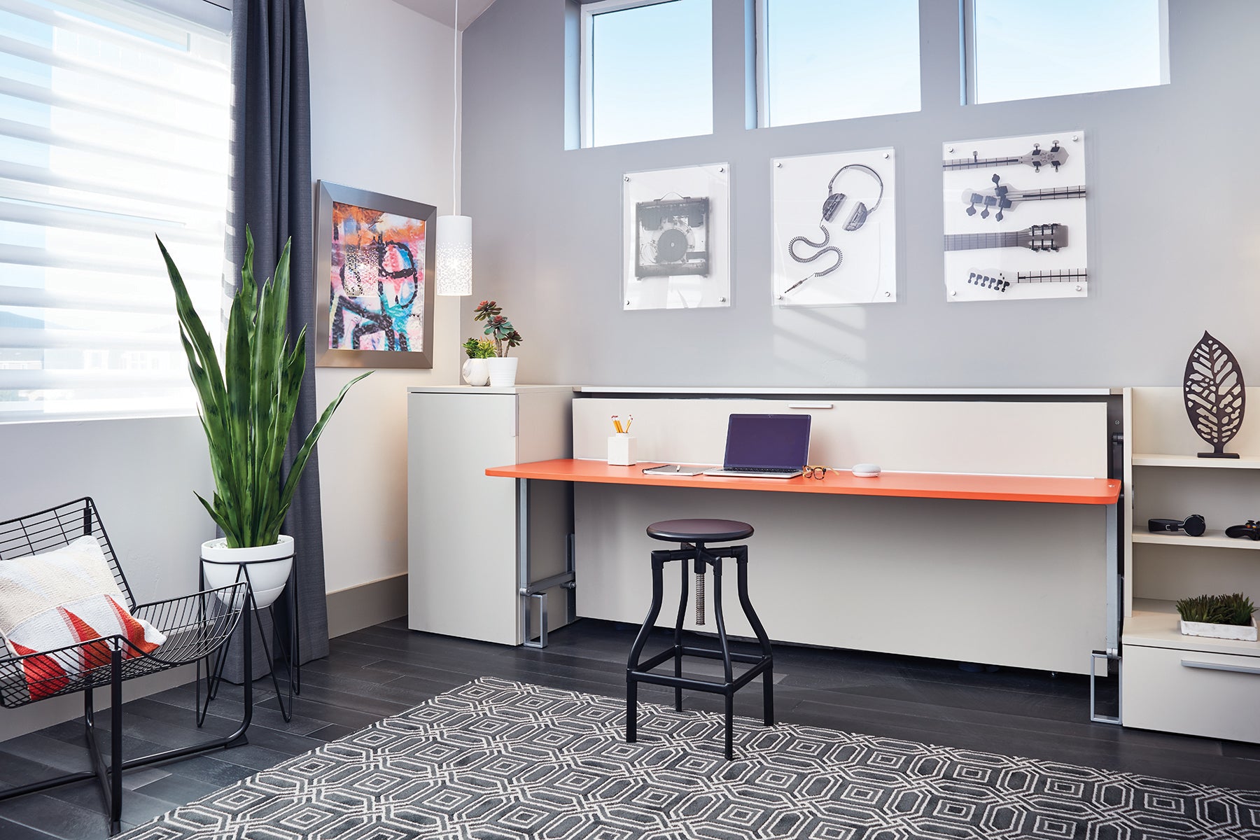 Cabrio Murphy Bed with integrated desk in a modern home office setup, showcasing multifunctional furniture designed for small space living.