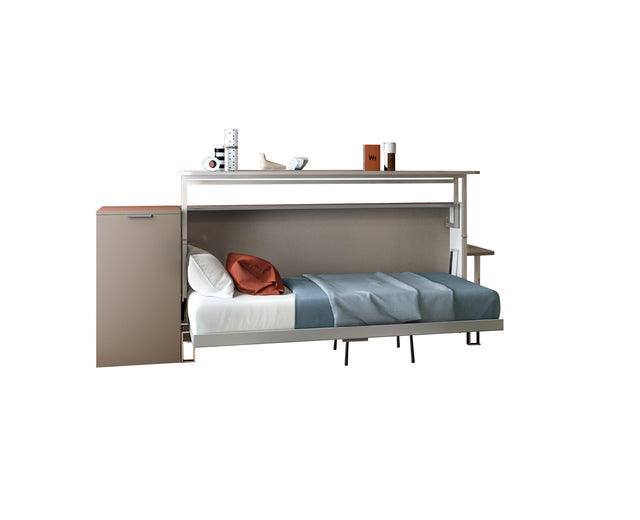 Cabrio Murphy Bed with desk shown open and made up for sleeping, highlighting multifunctional design and space saving furniture ideal for compact interiors.