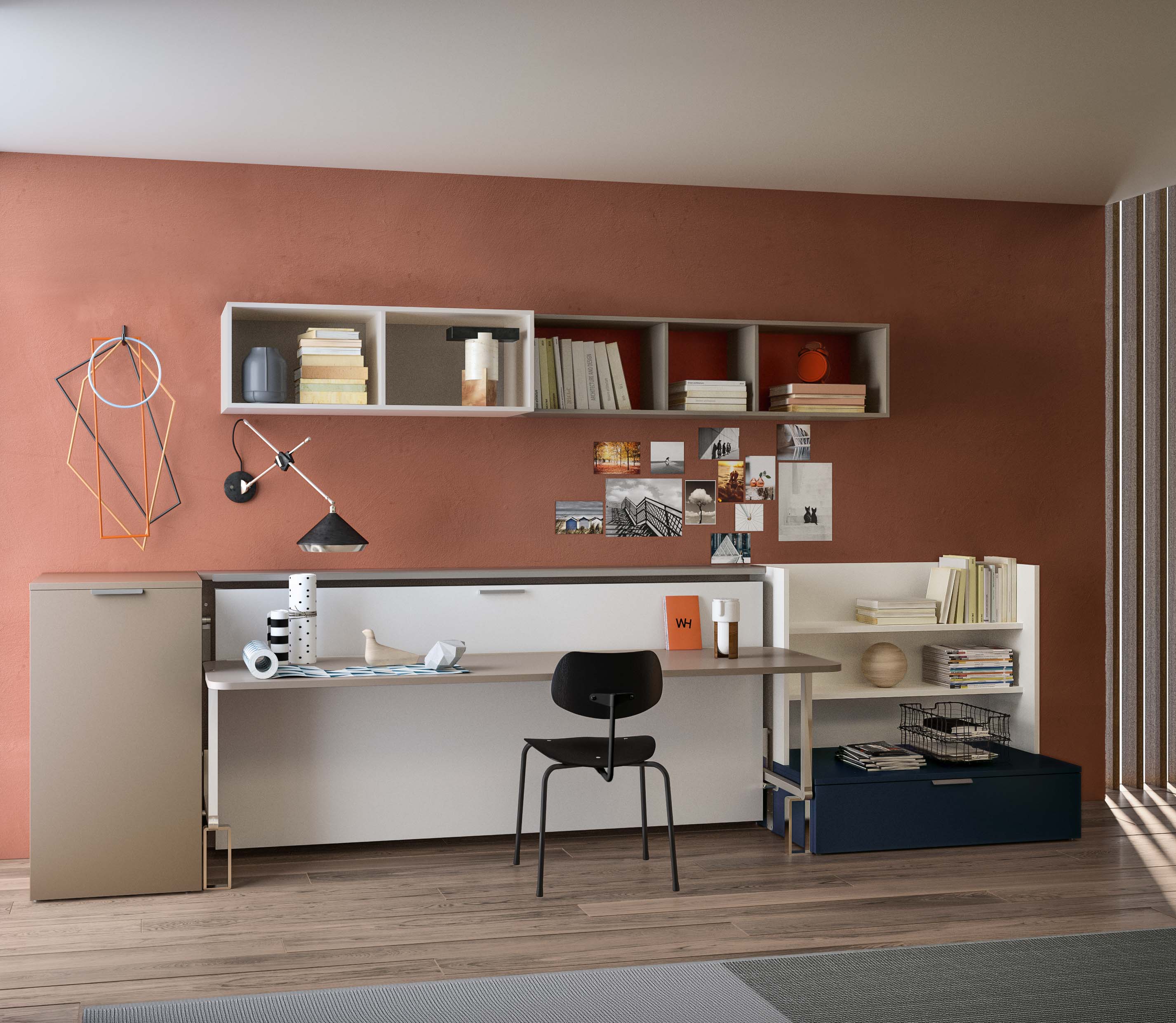 Cabrio Murphy bed with integrated desk closed, ideal for space saving furniture in modern home office.