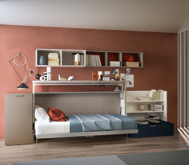 Cabrio Murphy bed with desk transformed into a bed, multifunctional space saving furniture for small rooms.