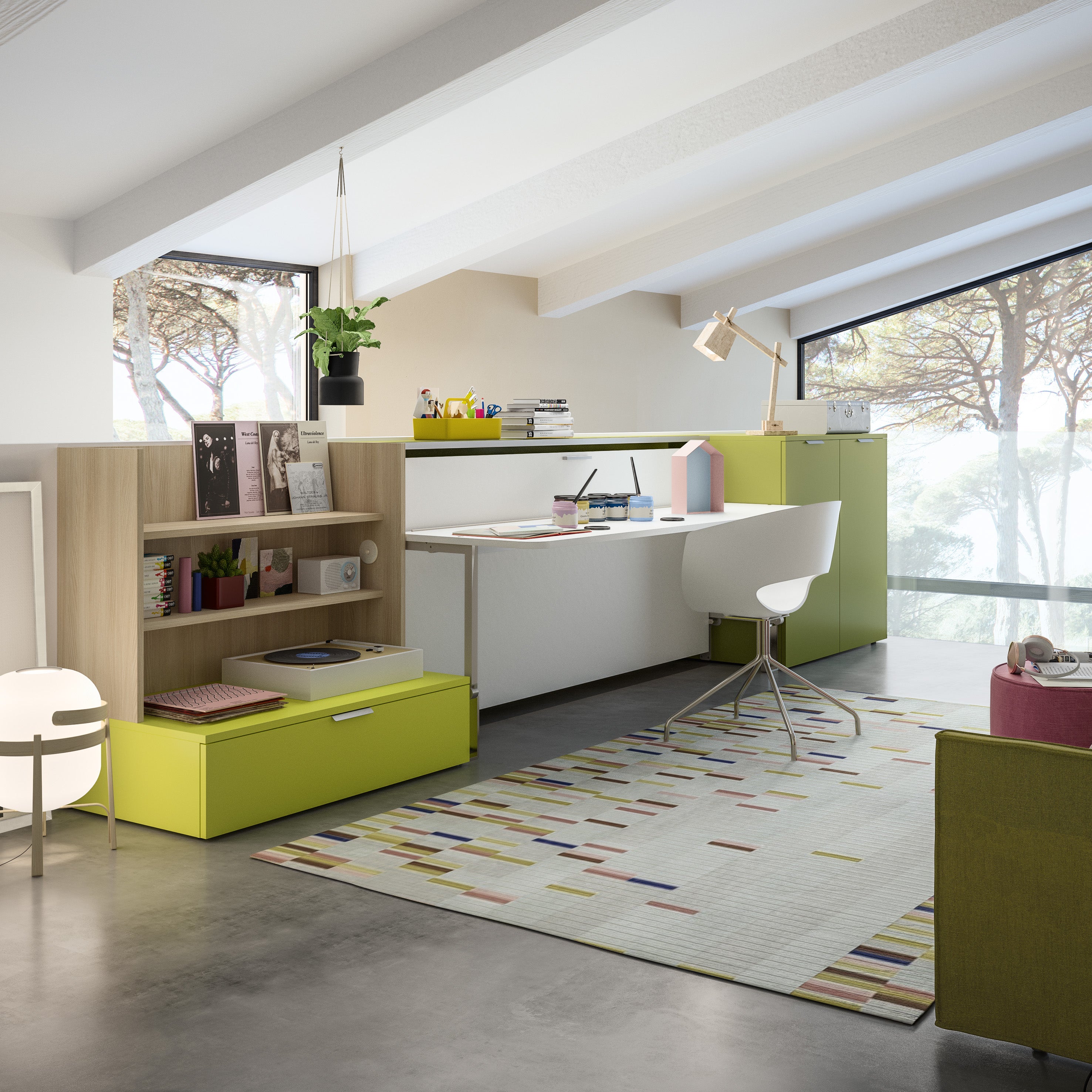 Cabrio Murphy bed in a vibrant green and pink room, shown in desk mode with bookshelf below – multifunctional space saving design.