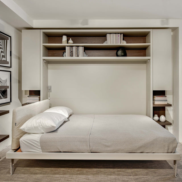 Circe Desk horizontal queen Murphy bed shown open with neutral bedding and built-in shelving – multifunctional furniture for small spaces by Resource Furniture