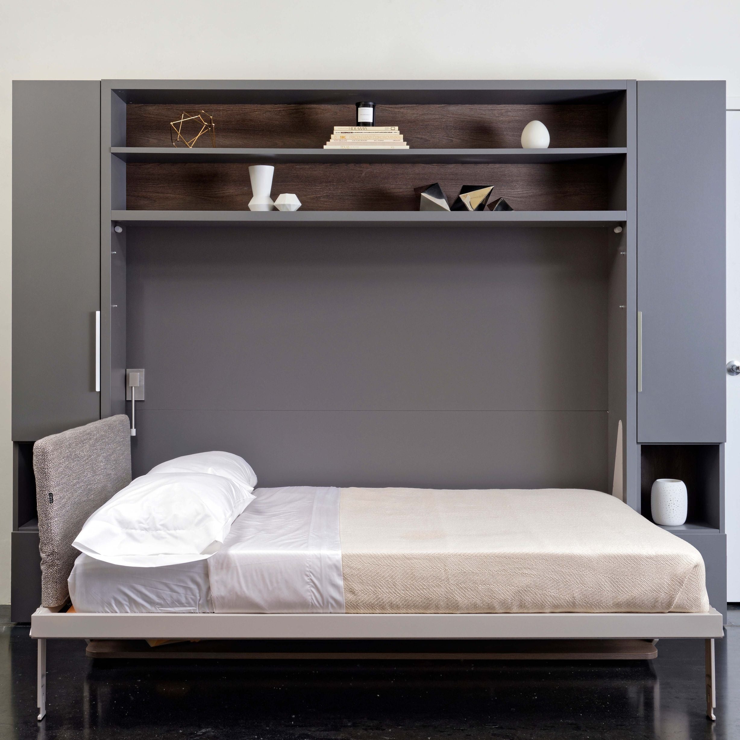 Circe Desk horizontal queen Murphy bed shown open with bedding – space saving furniture from Resource Furniture.