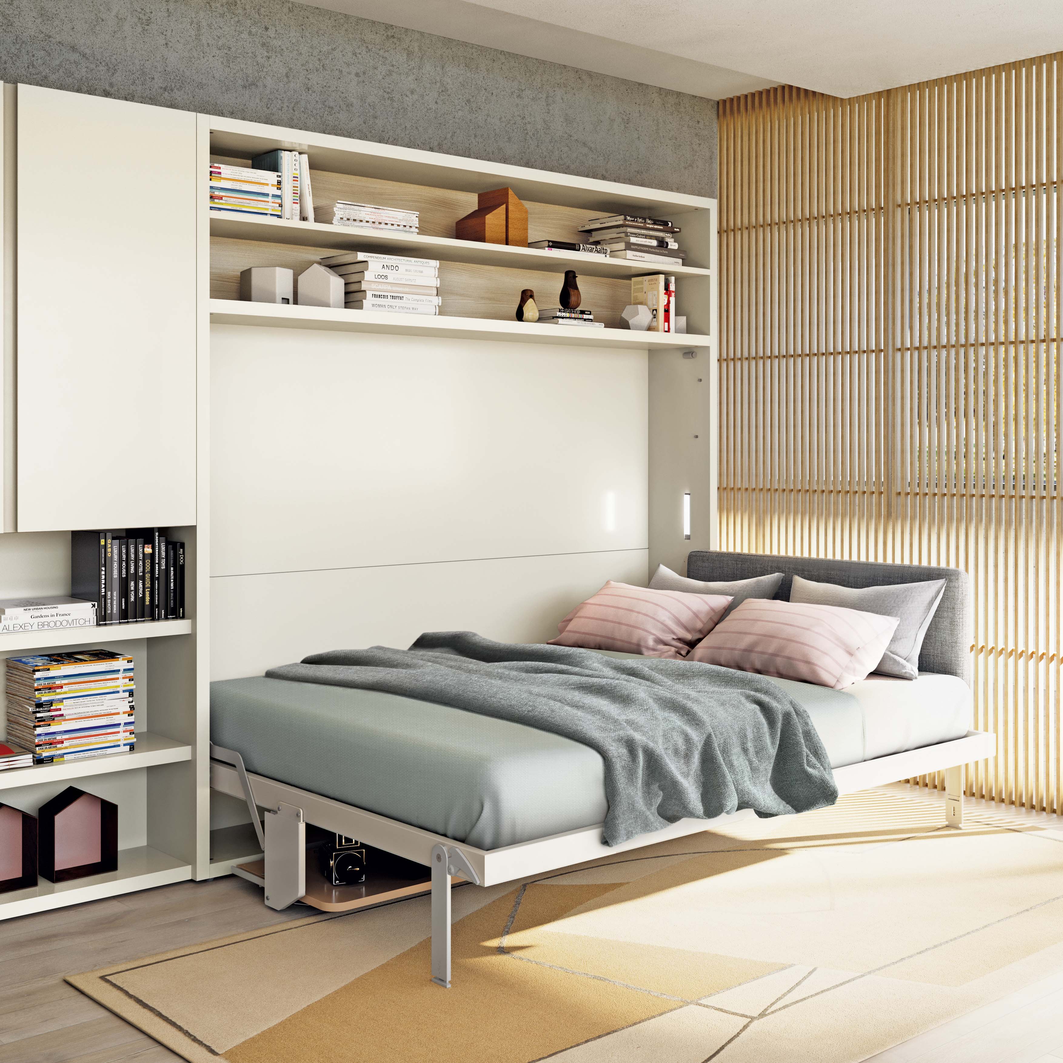 Circe Horizontal Queen Murphy bed with integrated desk in the open position, highlighting multifunctional furniture ideal for small spaces and modern interiors.