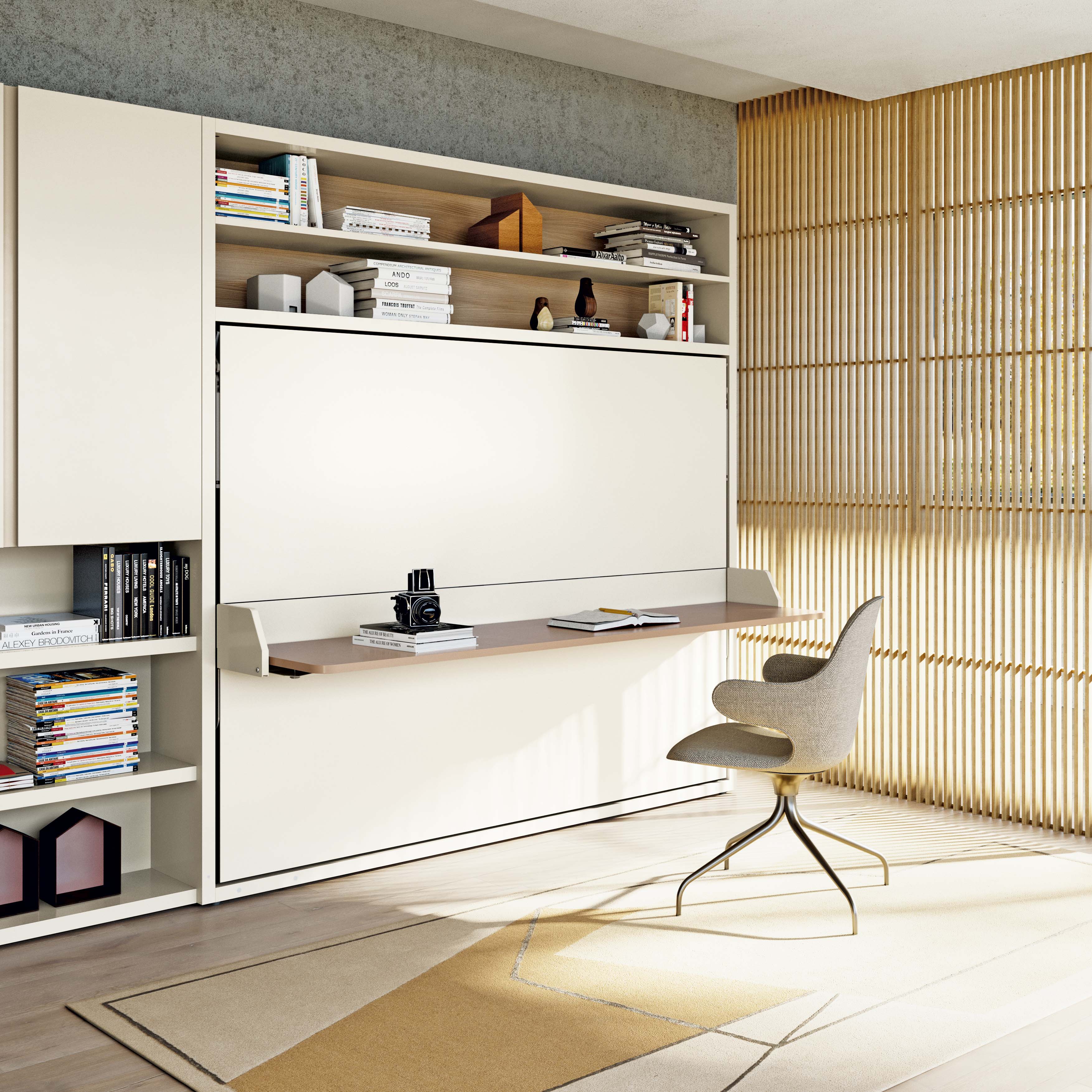 Circe Desk Horizontal Queen Murphy bed with integrated desk in a built-in wall system, showcasing multifunctional furniture for small spaces.