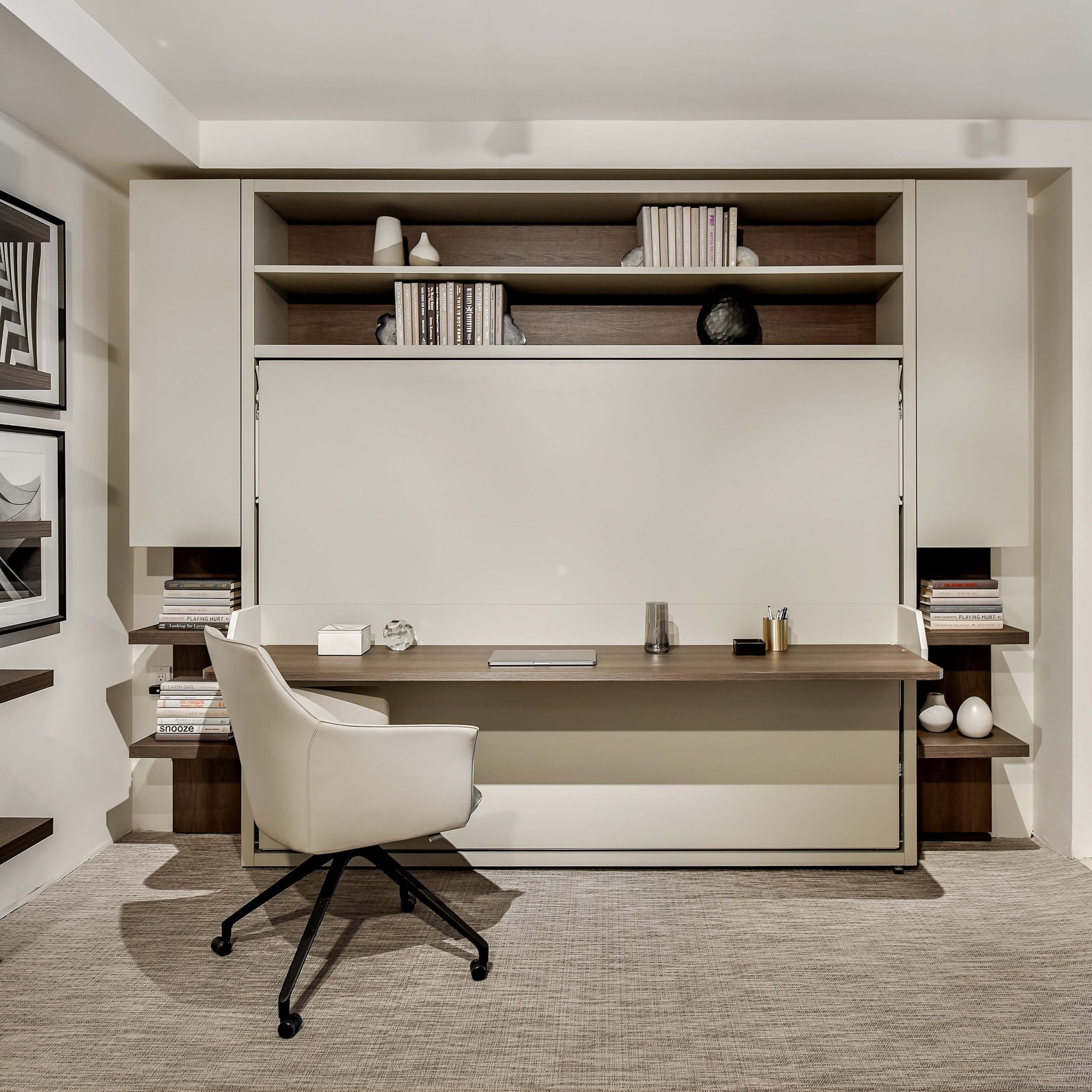 Circe Desk Murphy bed in queen size with built-in desk and overhead shelving, ideal for a stylish small space home office.