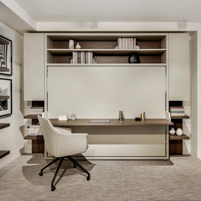 Circe Desk Murphy bed in queen size with built-in desk and overhead shelving, ideal for a stylish small space home office.