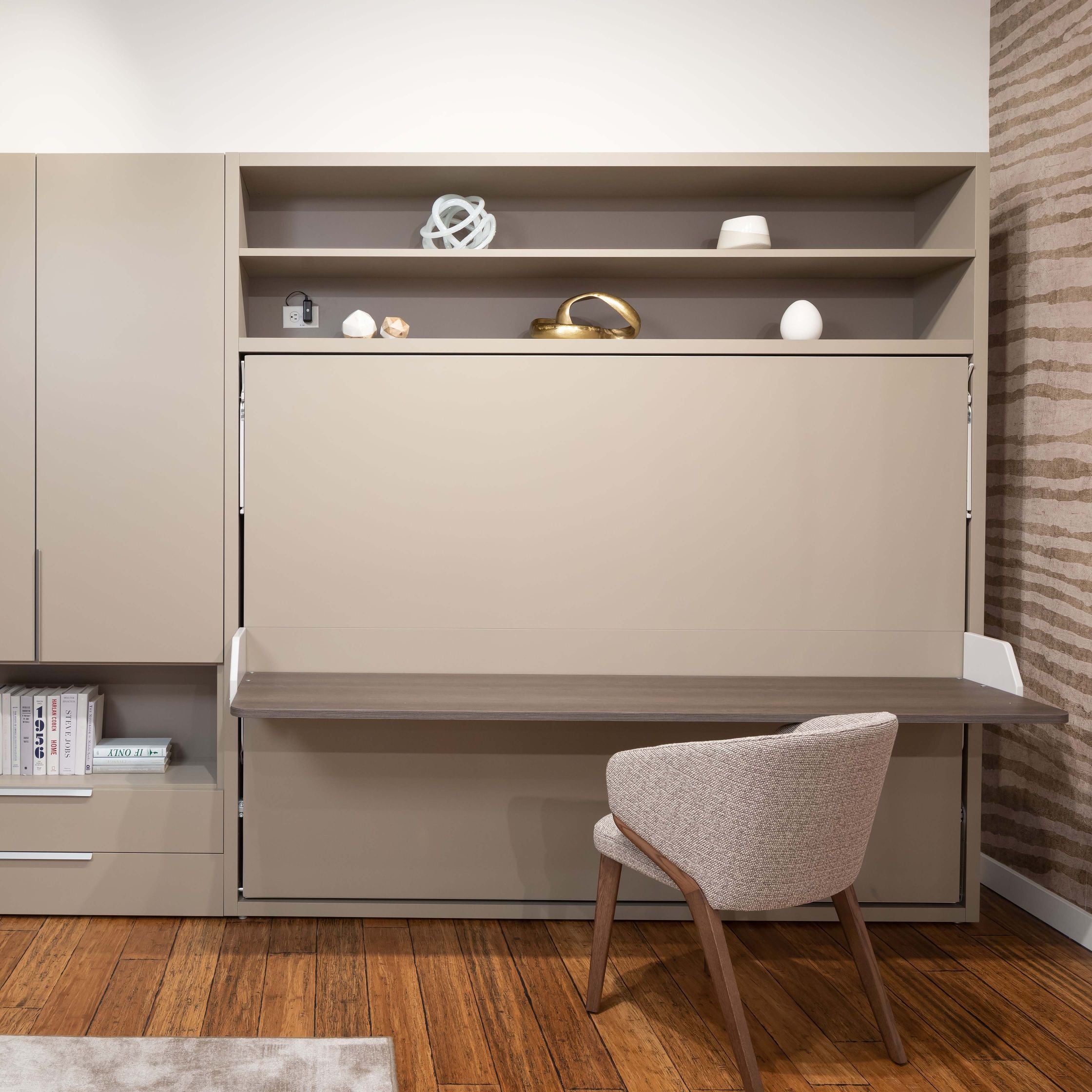Horizontal Circe Desk Murphy bed in queen size with open sleeping configuration, designed for efficient furniture for small spaces.