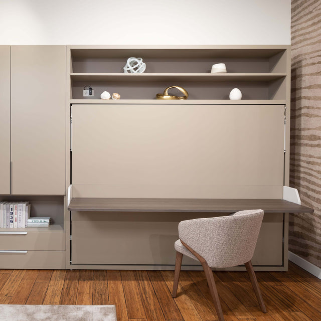 Horizontal Circe Desk Murphy bed in queen size with open sleeping configuration, designed for efficient furniture for small spaces.