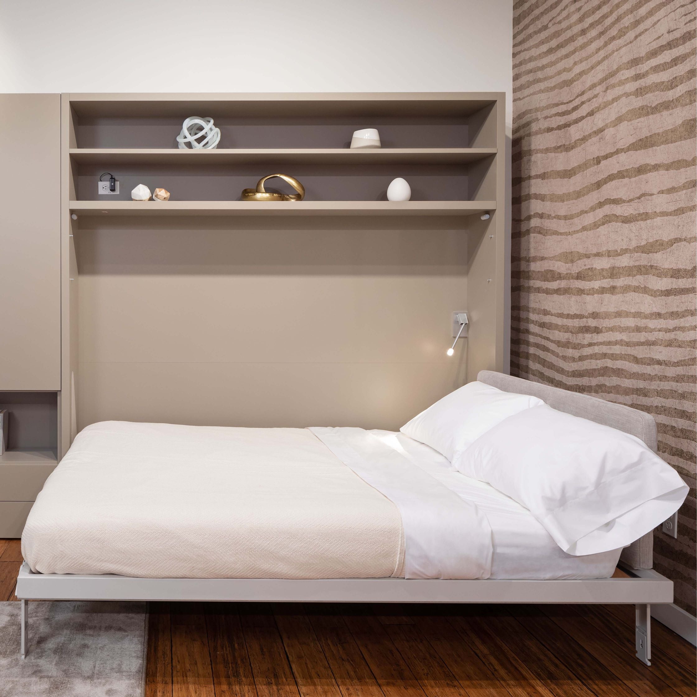 Circe Desk horizontal queen Murphy bed in open position with upholstered headboard and built-in shelving, ideal small space furniture solution.