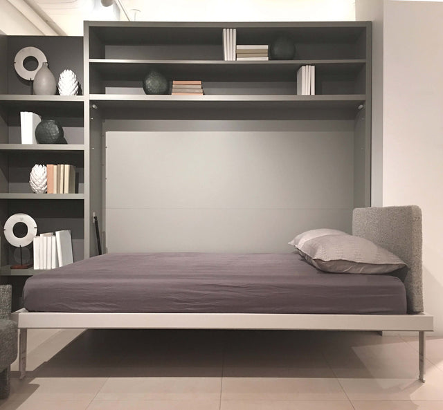 Circe horizontal queen wall bed in the open position with integrated shelves, offering space saving furniture for small rooms or multifunctional interiors.