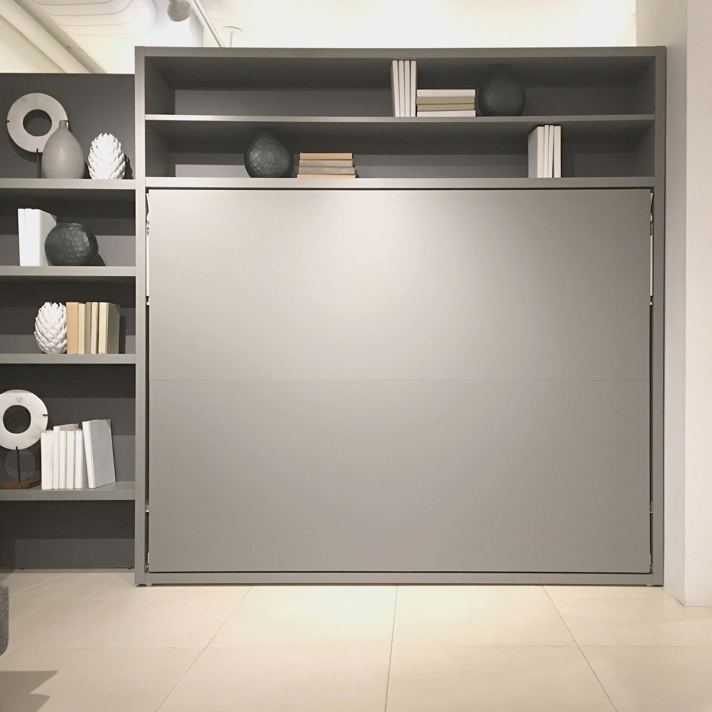 Circe horizontal queen wall bed with built-in shelving, showcasing multifunctional space saving furniture ideal for modern interiors.