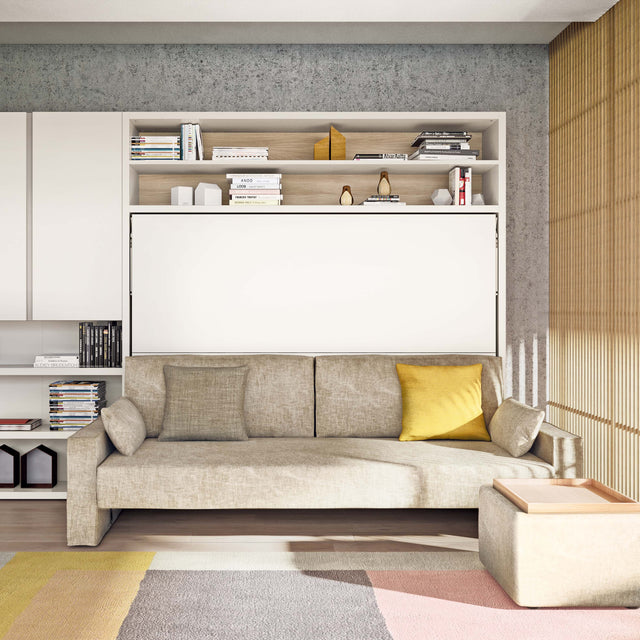 Circe Sofa horizontal queen Murphy bed with couch in closed position, modern multifunctional furniture for small spaces and stylish interiors.