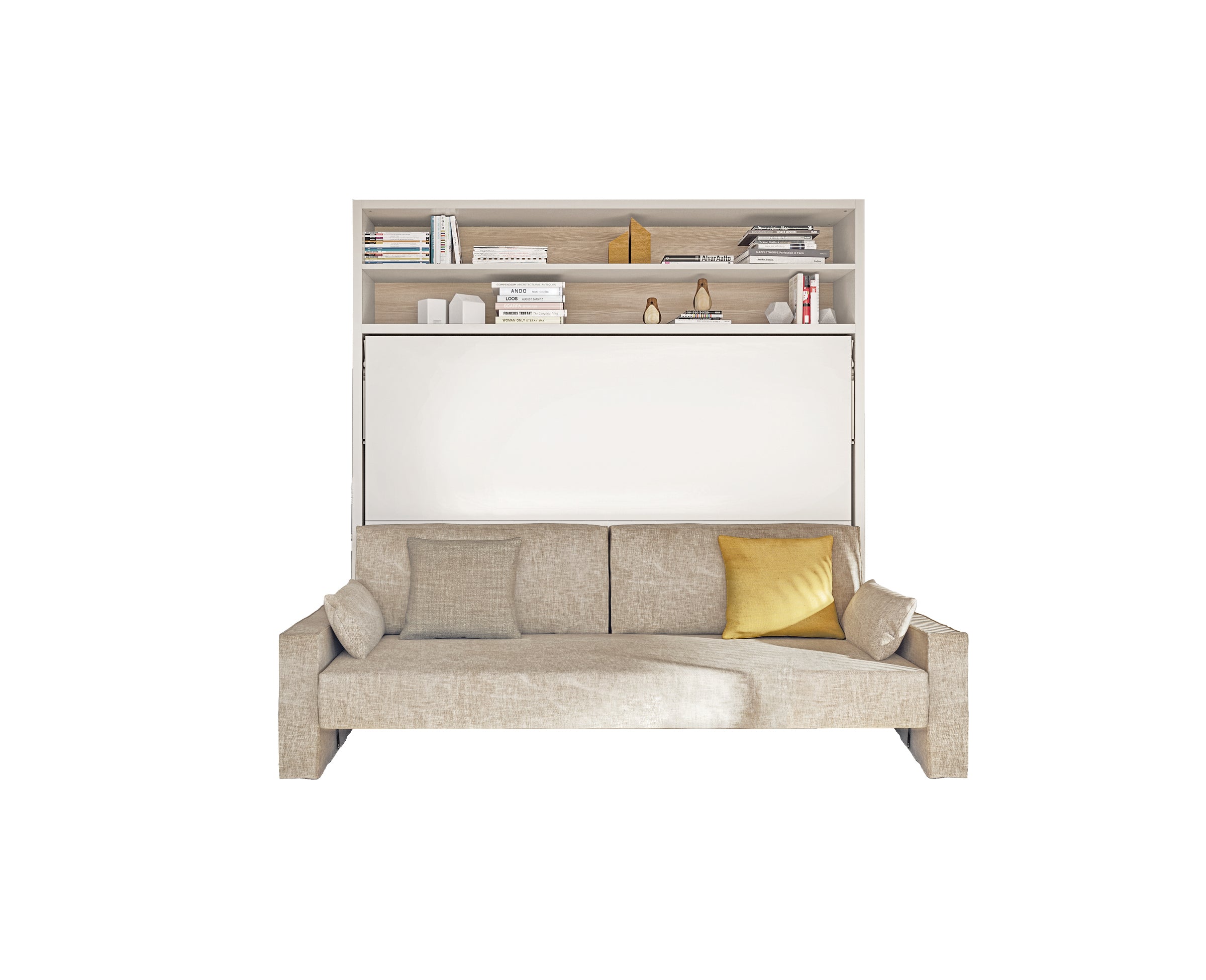 Front view of Circe Sofa horizontal queen wall bed in closed position with built-in couch – Murphy bed with couch and shelving, perfect for space saving furniture needs