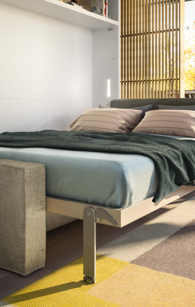 Close-up of Circe Sofa horizontal queen wall bed frame showing foot mechanism and upholstery details – Murphy bed with couch, space saving furniture for small spaces