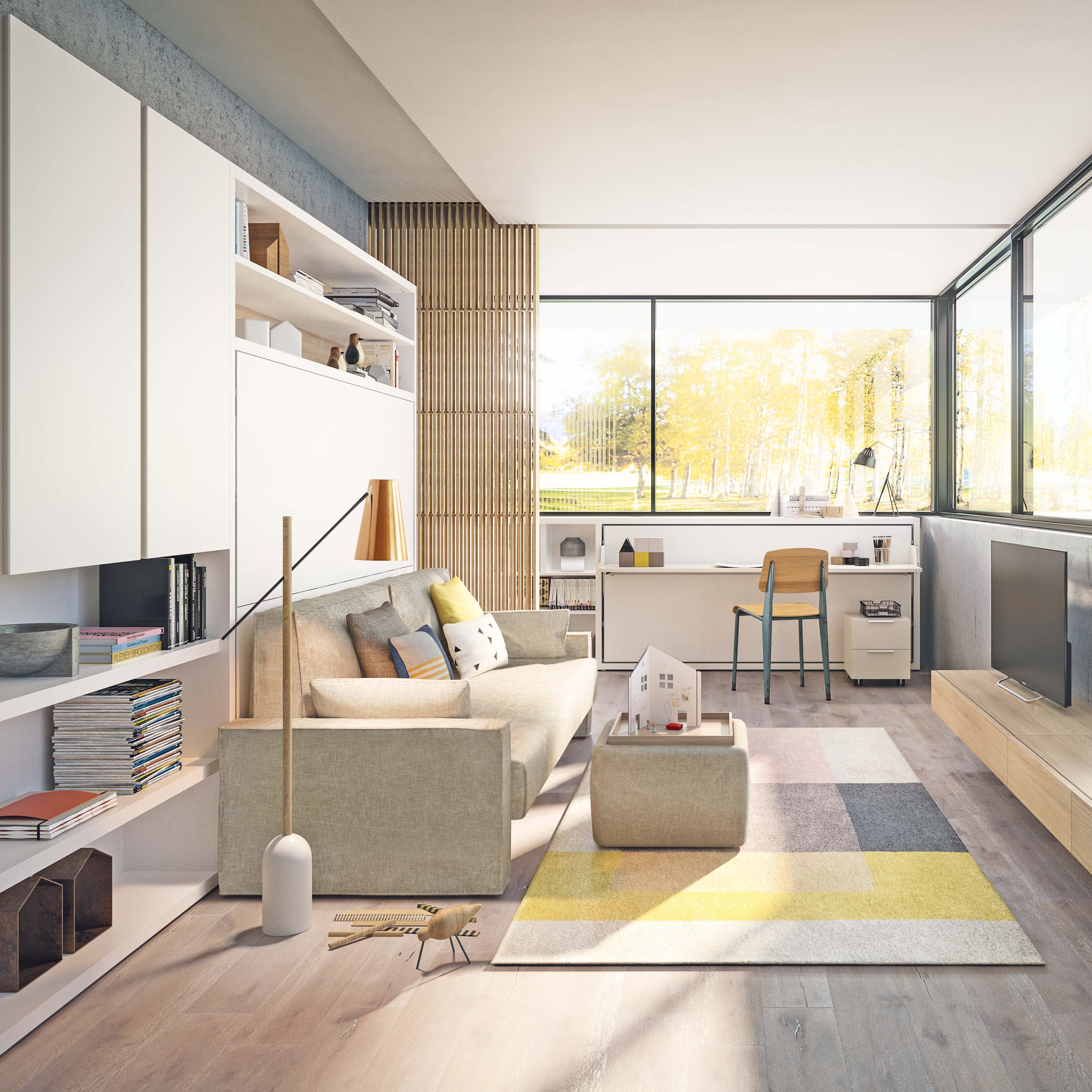 Lifestyle view of Circe Sofa horizontal queen wall bed with built-in couch in modern living room – multifunctional Murphy bed with couch and shelving, ideal space saving furniture