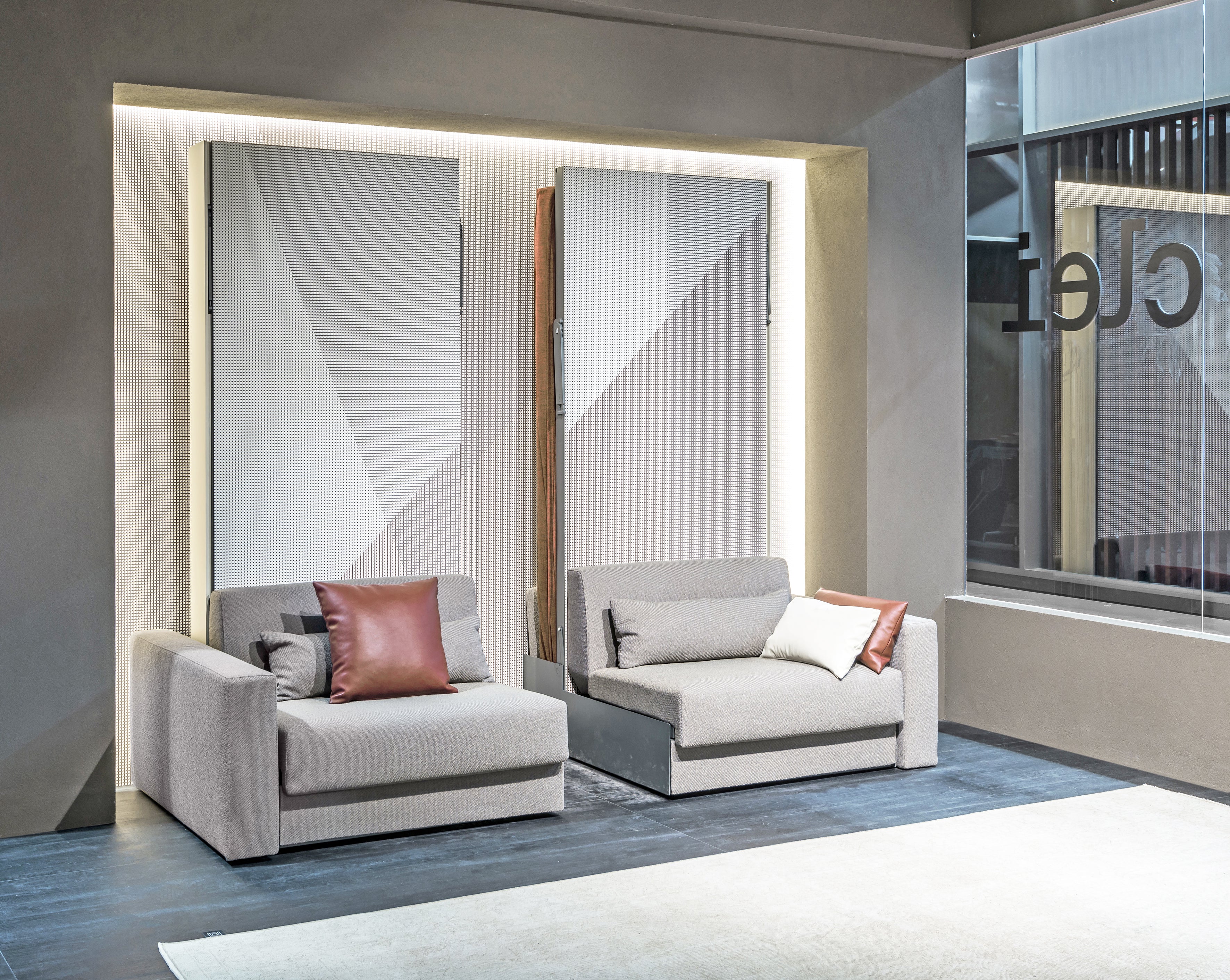 Circe Sofa with the horizontal queen wall bed partially opened, showing the transformation from modern seating to a functional sleeping solution.