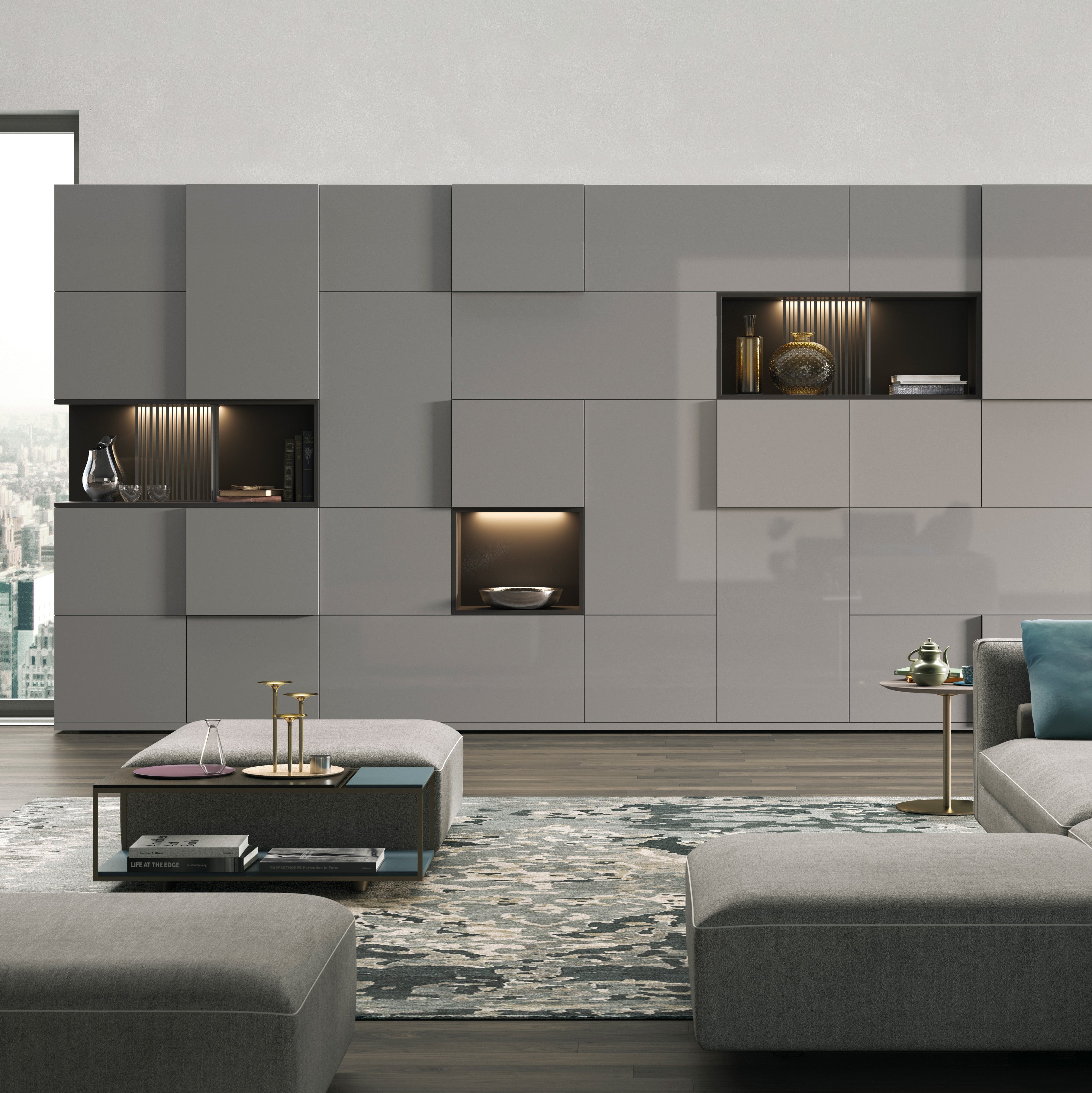 Custom cabinetry units wall-mounted storage system in modern living room — elegant space-saving furniture by Resource Furniture.