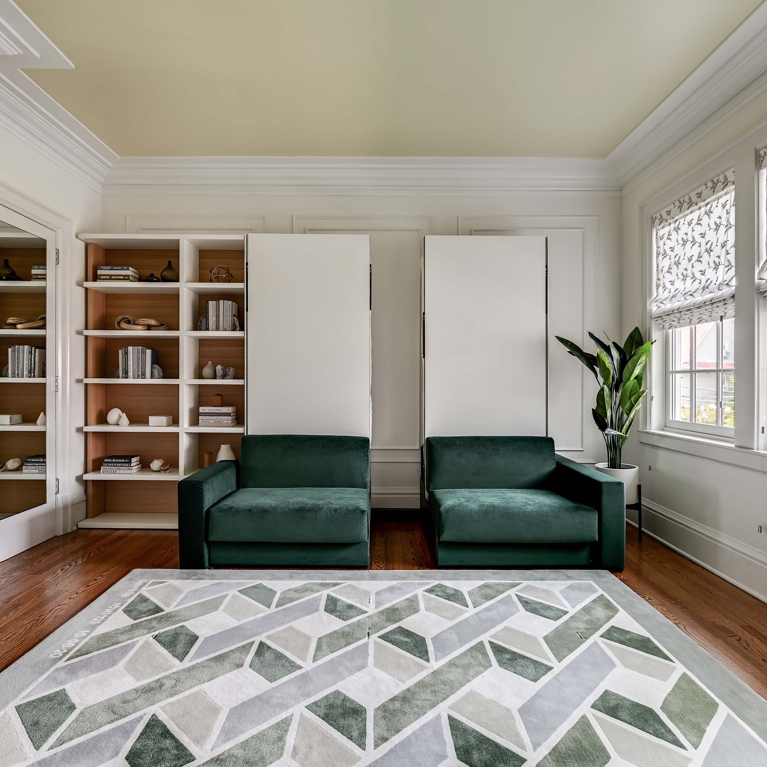 Ella & Louis Freestanding Queen Wall Bed with Sofa shown separated in two parts side-by-side in closed position, offering a murphy bed with couch configuration ideal for small spaces.