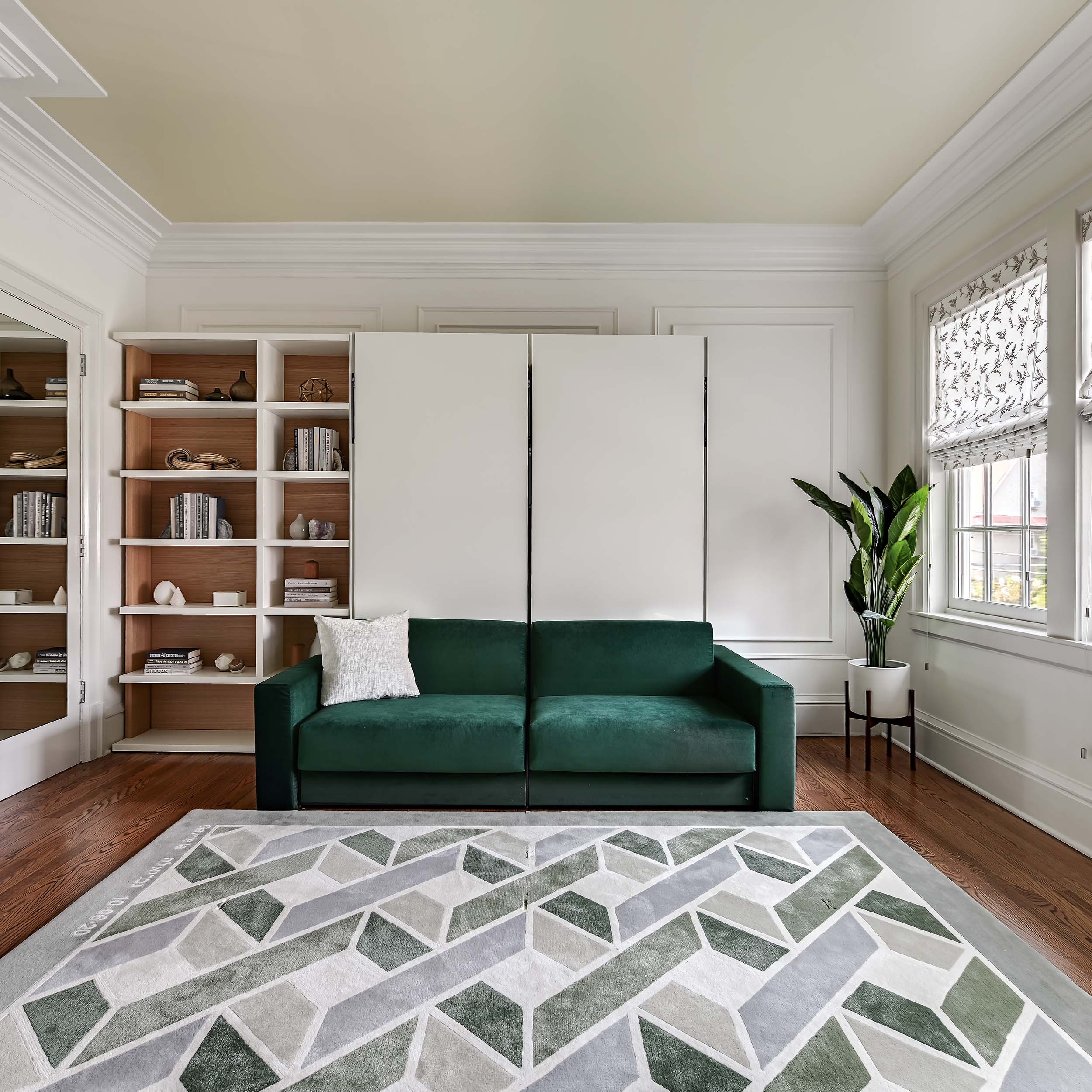 Ella & Louis Freestanding Queen Wall Bed with Sofa in closed position, a stylish murphy bed with couch designed for space saving furniture solutions.