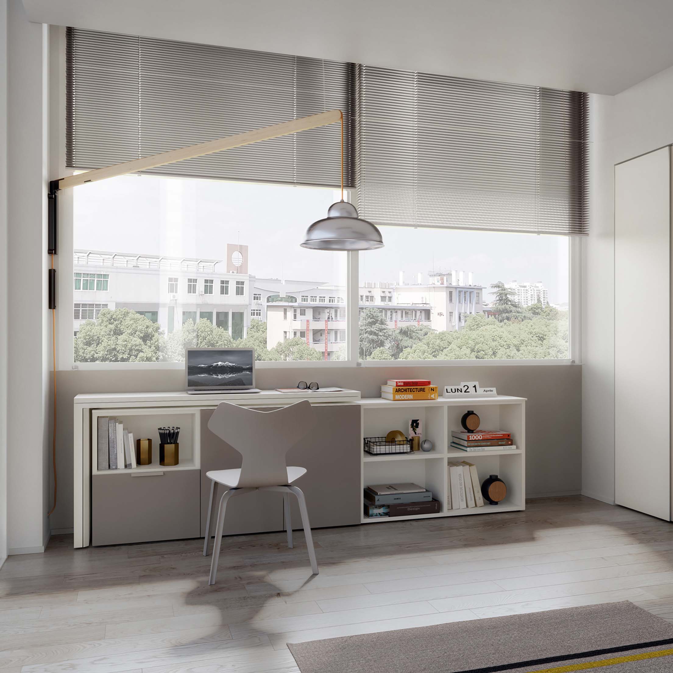 Giro transforming console table folded closed to create a compact workstation with shelving in a bright modern home office by Resource Furniture