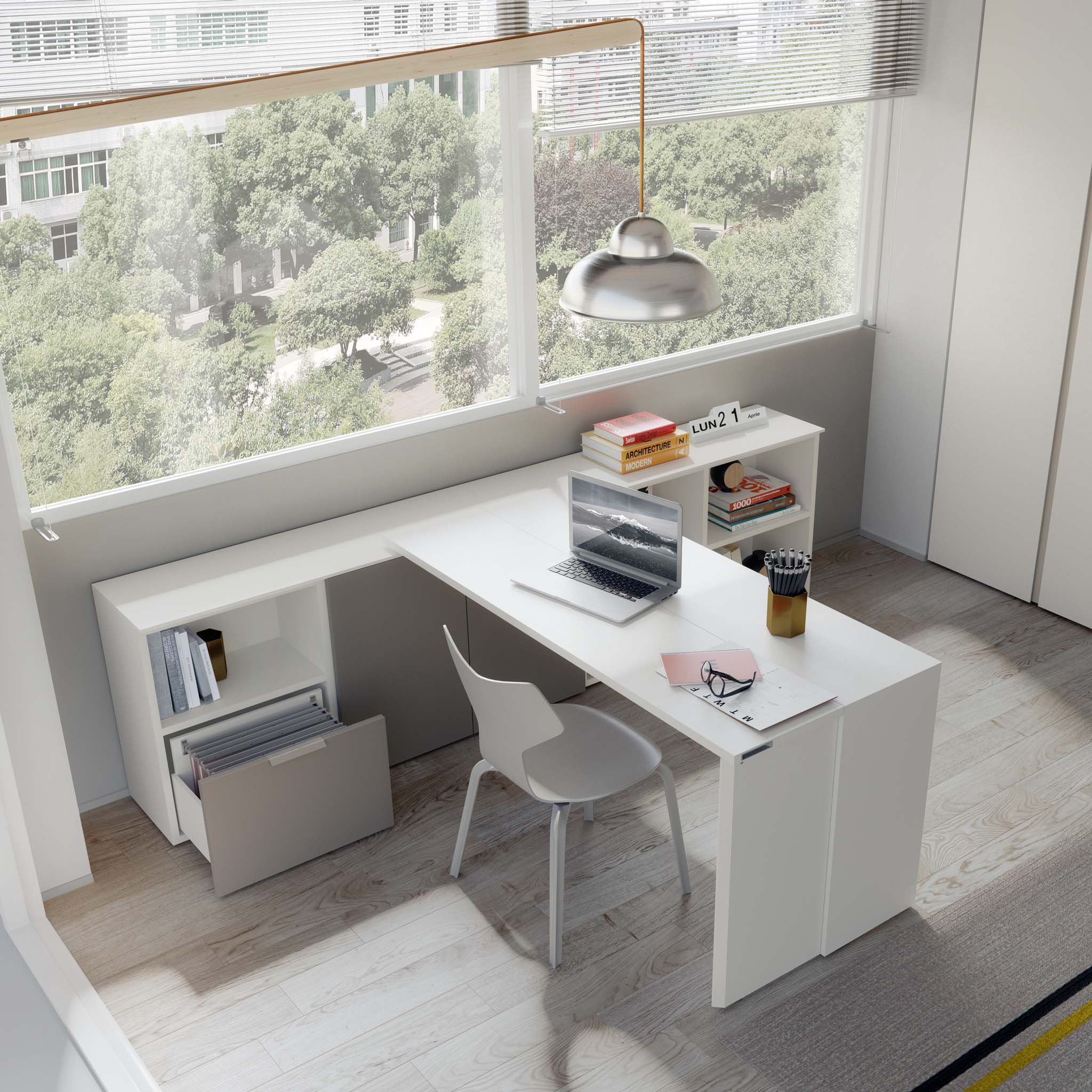 Giro transforming console table configured as an L-shaped desk with storage drawers in a bright modern home office by Resource Furniture