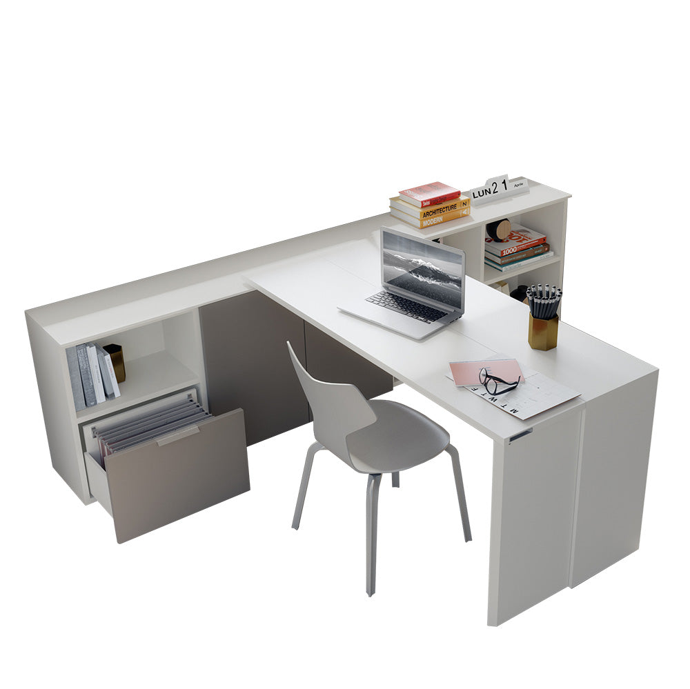 Giro transforming console table extended into an L-shaped desk with storage drawers and shelving by Resource Furniture