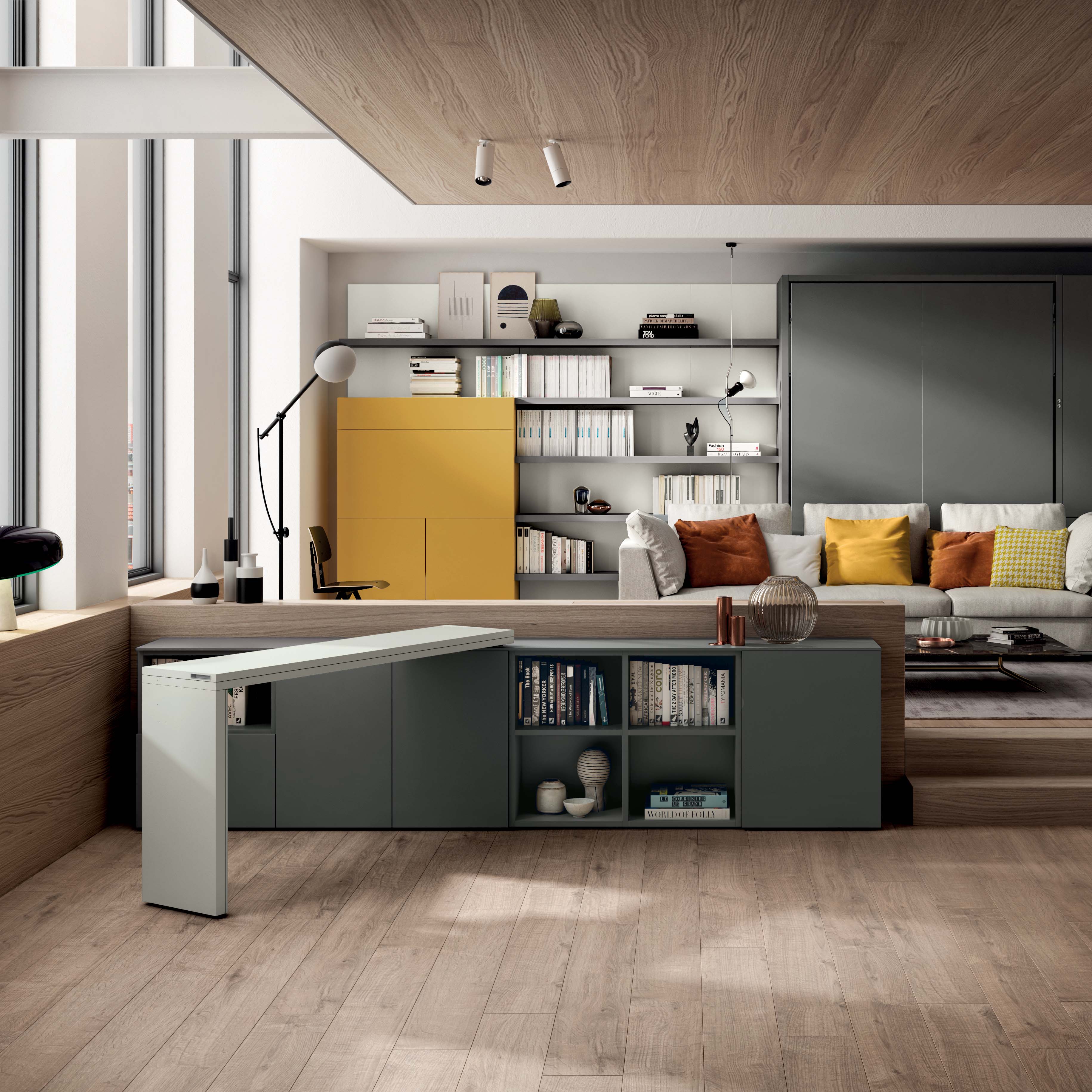 Giro transforming console table shown partially rotated from console to dining position in a modern living room with modular shelving and sofa by Resource Furniture