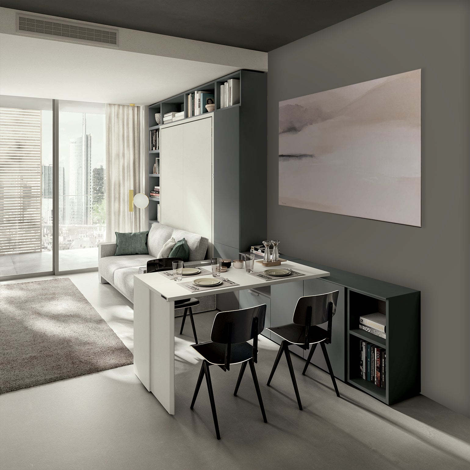 Giro transforming console table extended into a dining table in a modern small apartment living room with modular wall bed and storage from Resource Furniture