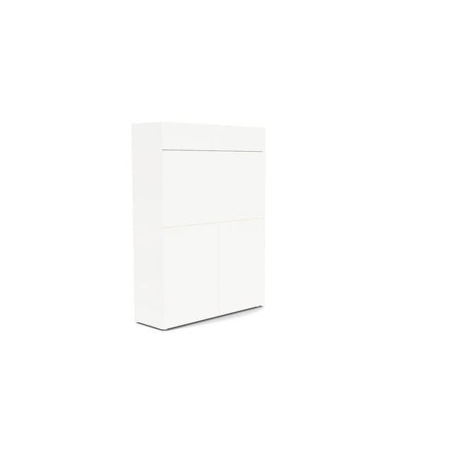 Home Office desk closed, modern white cabinet with hidden workspace for compact living solutions