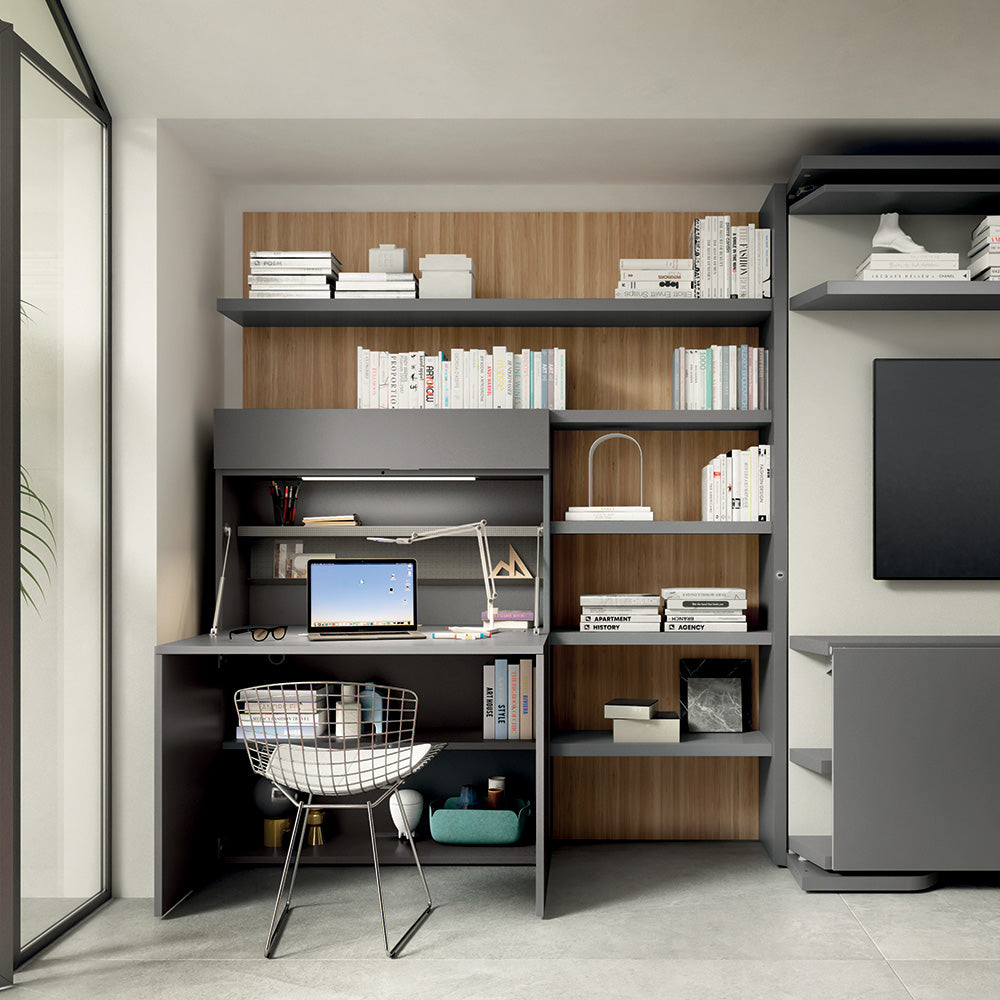 Modern home office setup featuring a multifunctional desk with motion-sensor LED lighting and integrated wire management, designed to transform from a full-size workspace into a sleek cabinet for small space living.
