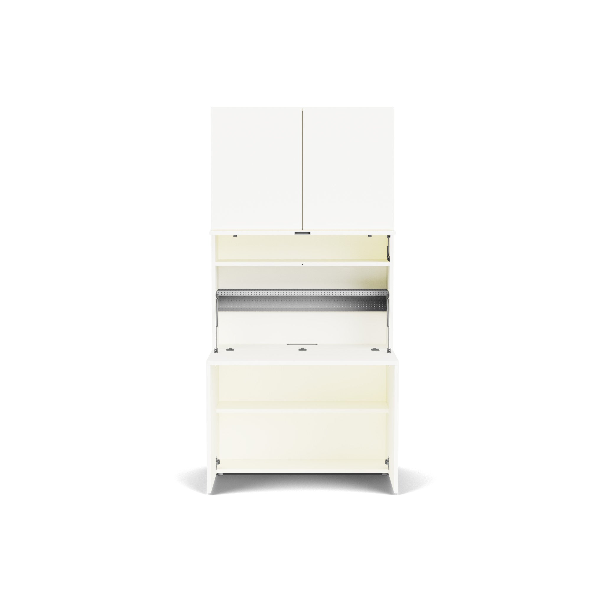 Home Office multifunctional desk in white finish, shown open with flip-down work surface, built-in shelving, motion-sensor LED lighting, and cable management for modern murphy bed desks and compact home offices.