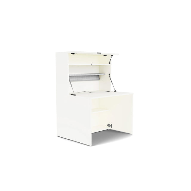 Standalone Home Office desk in white finish featuring lift-up top panel, LED lighting, and hidden cable management.